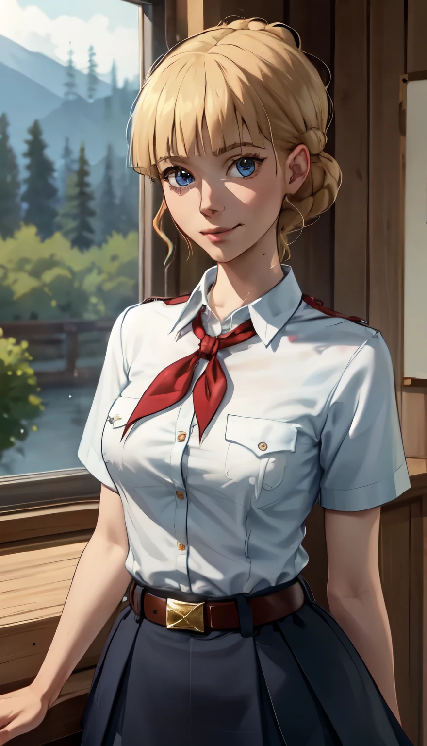 very young slim fit girl, full height, rounded face, (blond hair:1.4), big blue eyes, shy smile, perfect medium breast, beatrice1, pioneer neckerchief, short tight blue pleated skirt, bangs, tight white shirt, short sleeves, collared shirt, belt, red neckerchief, breast pocket, by Sasha Khmel