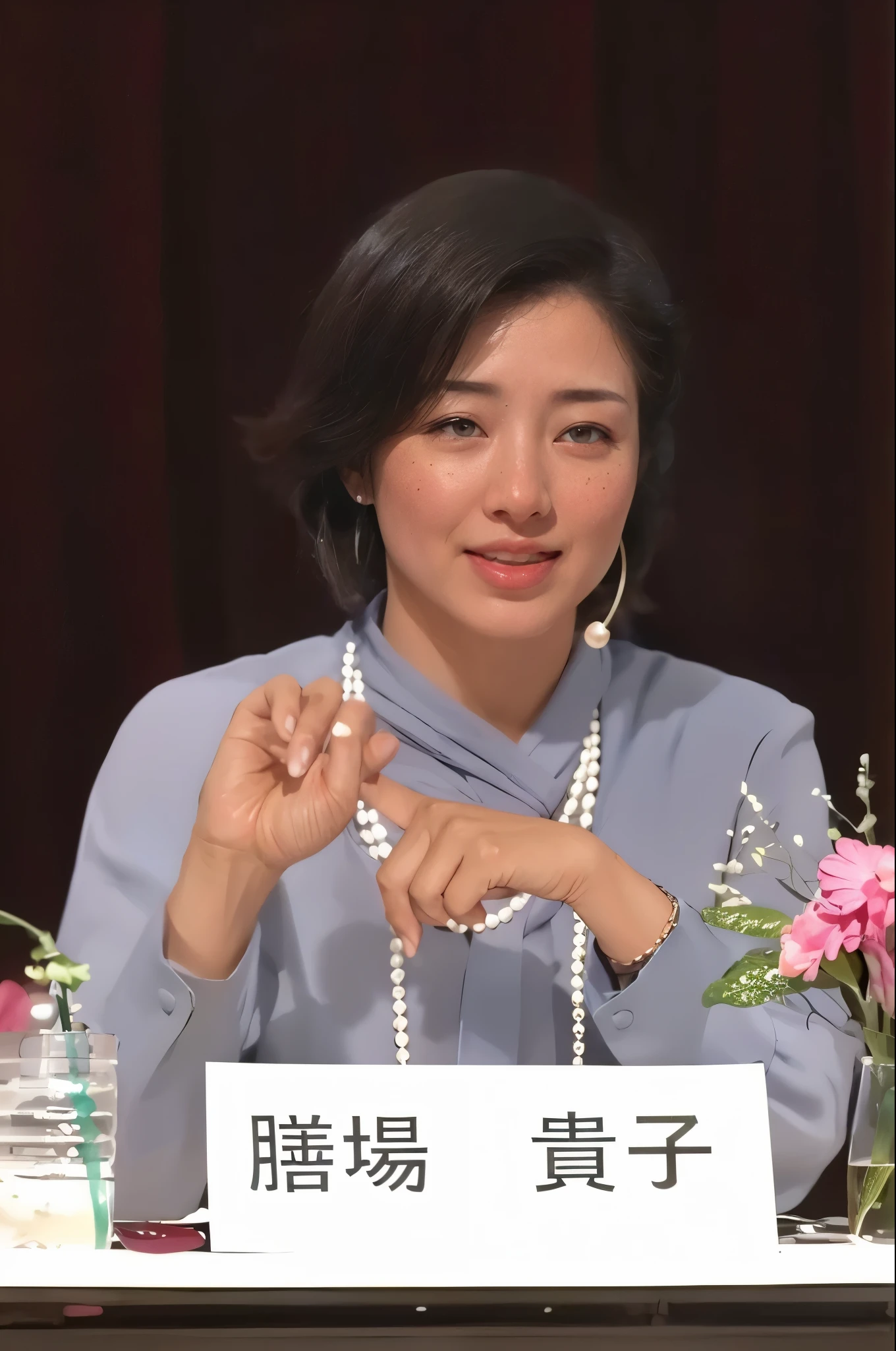 A woman wearing a light blue tie-neck blouse is holding a reception with a headset on her ears.,pearl necklace,She tempts with her well-shaped breasts and cleavage, and her naughty hand signs.,, (photo realistic:1.4), (hyper realistic:1.4), (realistic:1.3), (smoother lighting:1.05), (Improve the quality of cinematic lighting:0.9), 32K, 40 year old Japanese woman, realistic lighting, Backlight, light shines on your face, ray tracing, (bright light:1.2), (Improvement of quality:1.4), (Highest quality realistic textured skin:1.4), detailed eyes, detailed face, high quality eyes, (Tired, sleepy and satisfied:0.0), close up of face, T-shirt, (Enhance the mood of your body line:1.1), (Enhances the beauty of skin texture:1.1)