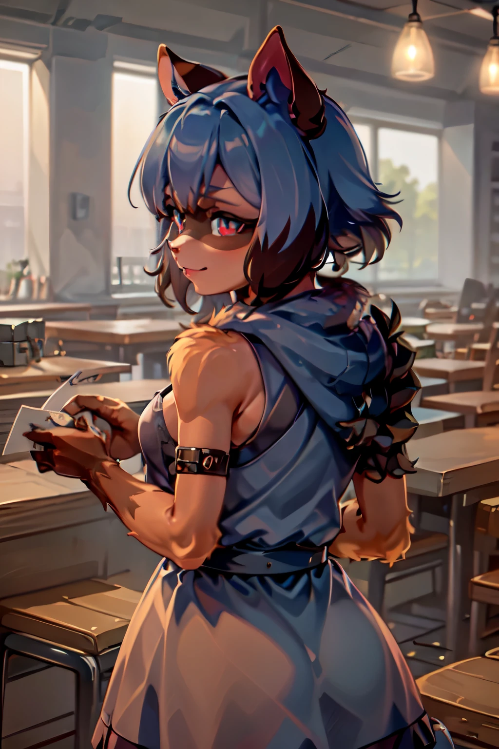 furry raccoon girl, 1girl, Allein, mehrfarbige Augen, raccoon ears, zweifarbiges Haar, (good quality, best quality), body fur, tierische Nase, Sonnenuntergang, Horizont, Bergkante, lange Haare, Grauer Mantel, from behind, Schwanz, upper body, Schnee, winter, Smile,