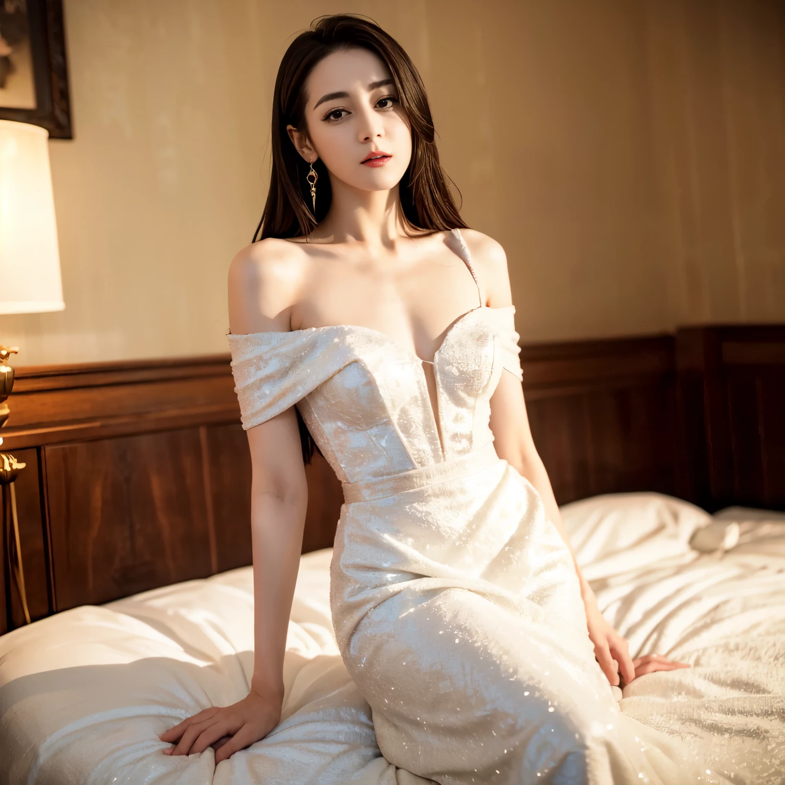 ((top quality、8k、Masterpiece:1.3))、Extremely delicate and beautiful girl,full-body shot,huge breasts,bigger breasts,amazing breast size,H cup,long skirt,Sunset,Sunset。Wear big earrings,Very white skin,moist red lips,Waist is very thin,Thighs are very thin,big butt,Reveal a little,fair and smooth skin,Smooth and fair skin,flawless skin,Fair and shiny skin,cold white skin,The camera focuses on the chest,Bright light,white hair,hair is white,白色的long skirt,slip off a shoulder strap