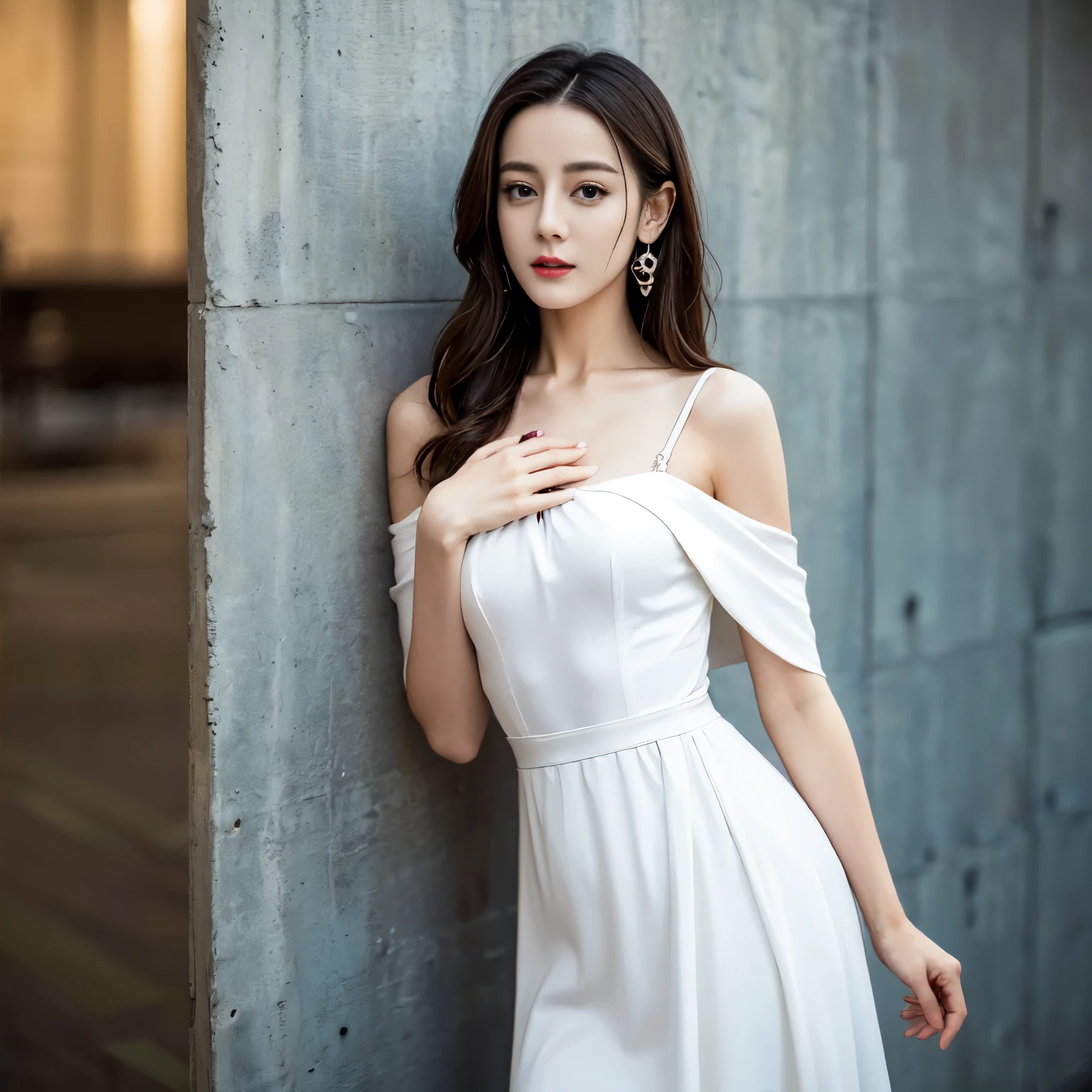 ((top quality、8k、Masterpiece:1.3))、Extremely delicate and beautiful girl,full-body shot,huge breasts,bigger breasts,amazing breast size,H cup,long skirt,Sunset,Sunset。Wear big earrings,Very white skin,moist red lips,Waist is very thin,Thighs are very thin,big butt,Reveal a little,fair and smooth skin,Smooth and fair skin,flawless skin,Fair and shiny skin,cold white skin,The camera focuses on the chest,Bright light,white hair,hair is white,白色的long skirt,slip off a shoulder strap