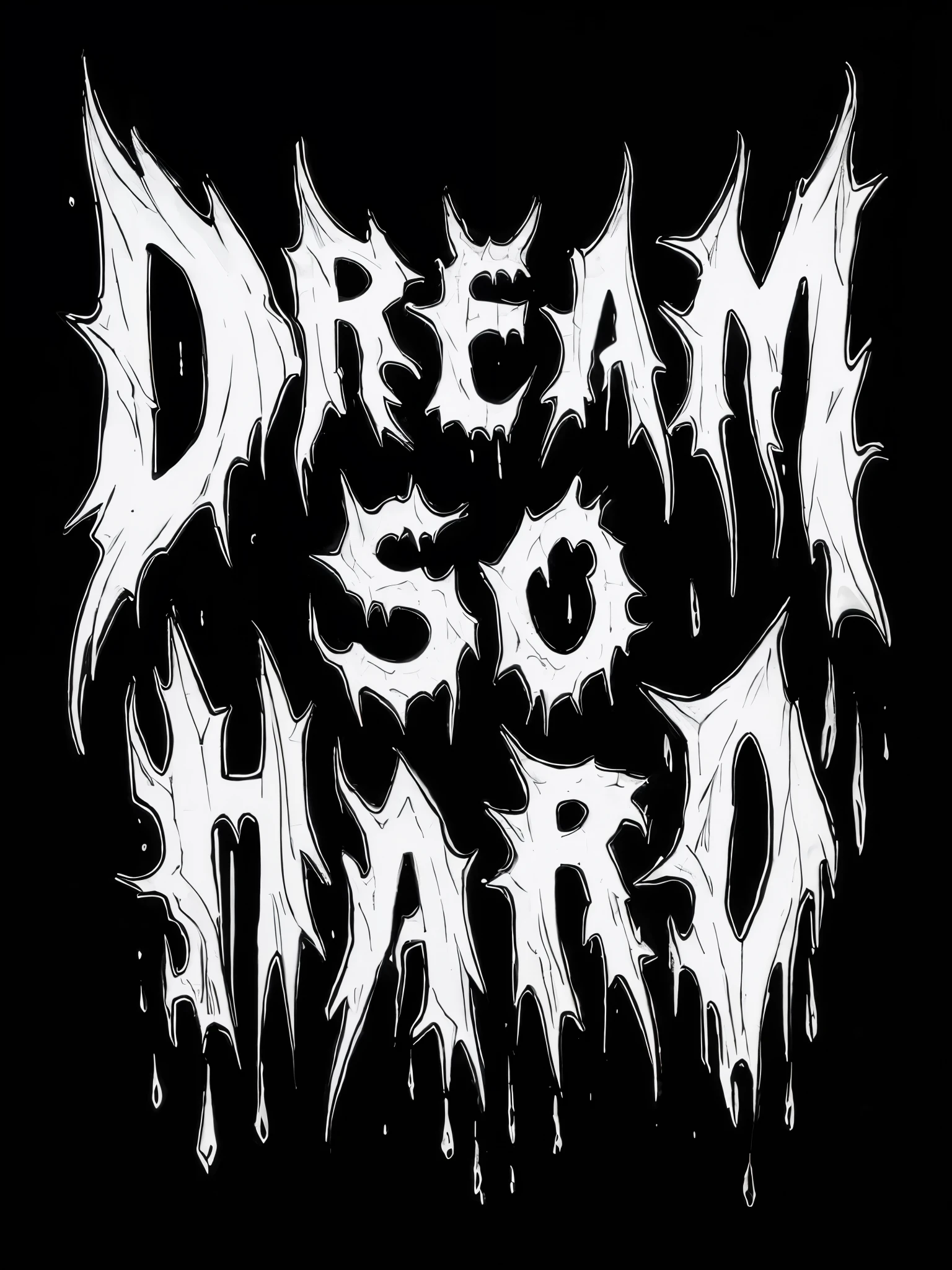 A charming monochromatic illustration of the death metal band "DREAM SO HARD" logo that exudes powerful power. The sharp, angular letters are skillfully crafted, added with melting elements, and the gothic spines draw attention to the band's name while exuding a dark and menacing atmosphere. The raw energy and darkness typical of the death metal genre is evident, creating a powerful visual impact that resonates with fans of the genre., typography