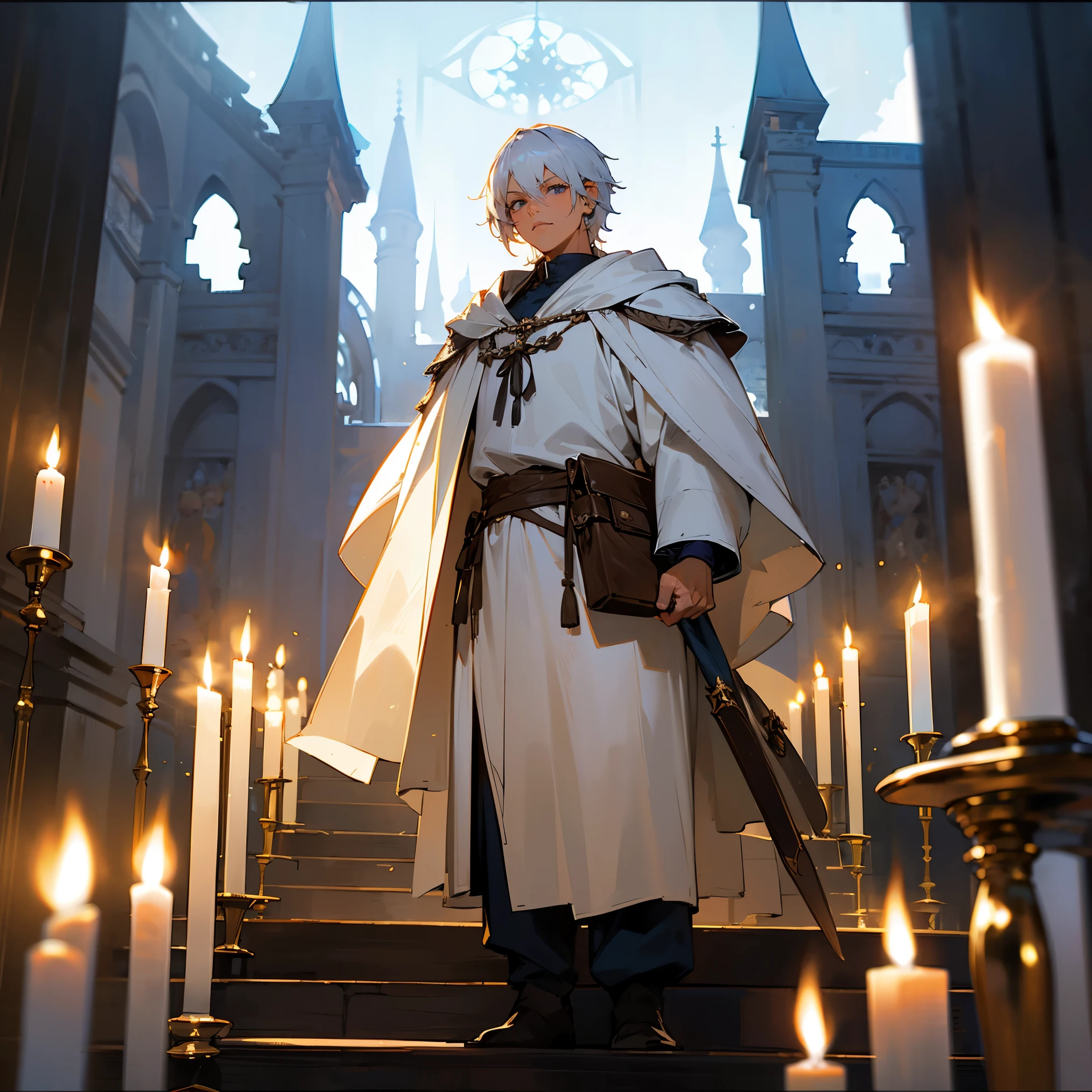 ((Best quality, full HD, 4K, masterpiece, best sharpness, anime features)), ((fantasy setting, medieval setting)), man of good physique, bluish white hair, penetrating eyes, serious man, robes nobles, white robes, white cloak with blue details, ((epic castle, clean setting, organized place, lit by candles)).