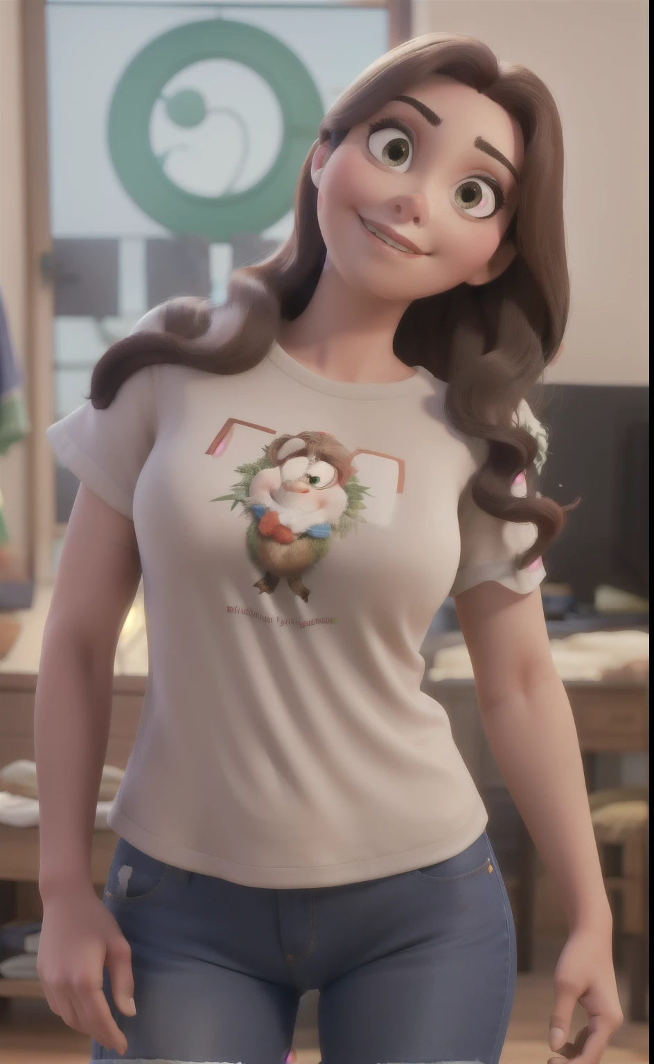 Mulher branca, cabelos pretos,liso,camiseta branca com a escrita "SESI"em vermelho, estilo disney pixar, melhor qualidade, alta qualidade