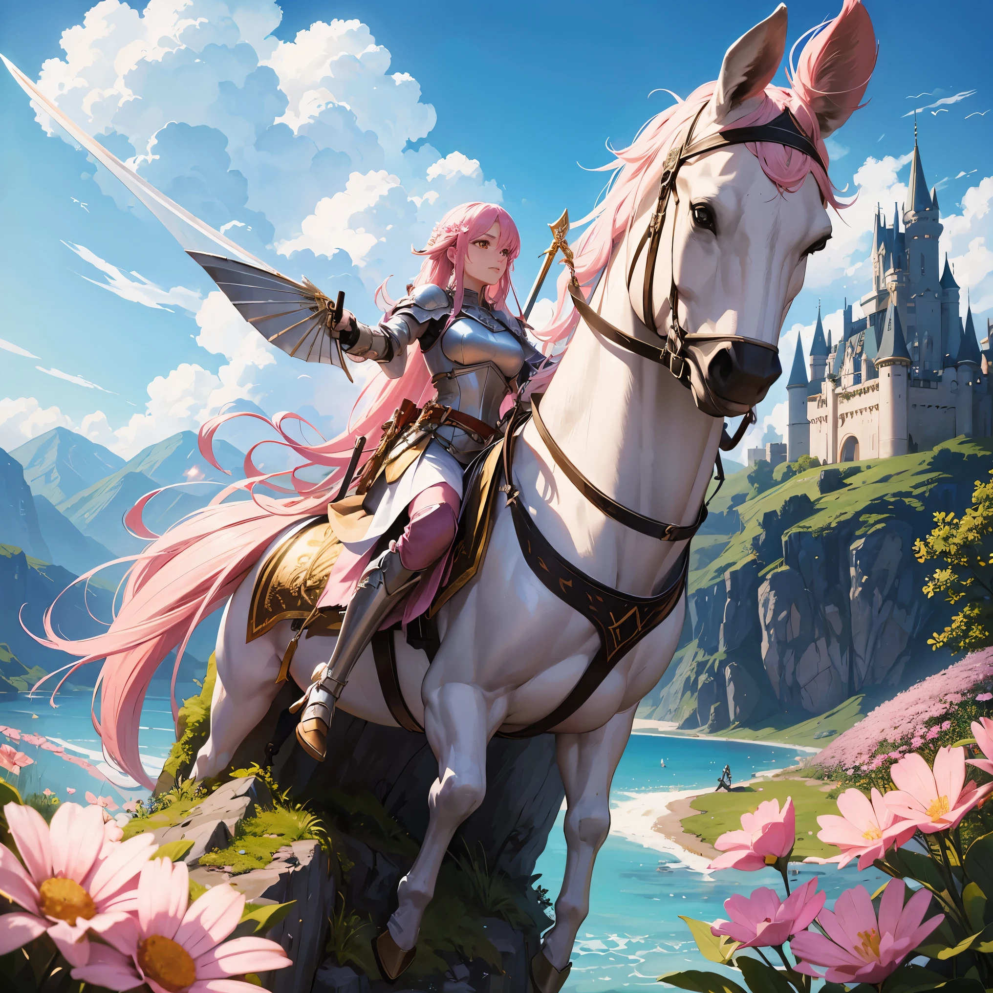 A woman, pink hair, long hair, wearing knight outfit, knight, holding a sword, sword, sitting on a Rock with flowers, location, castle background, giant flying animals, animals Flying giants, flowers on the ground, blue sky
