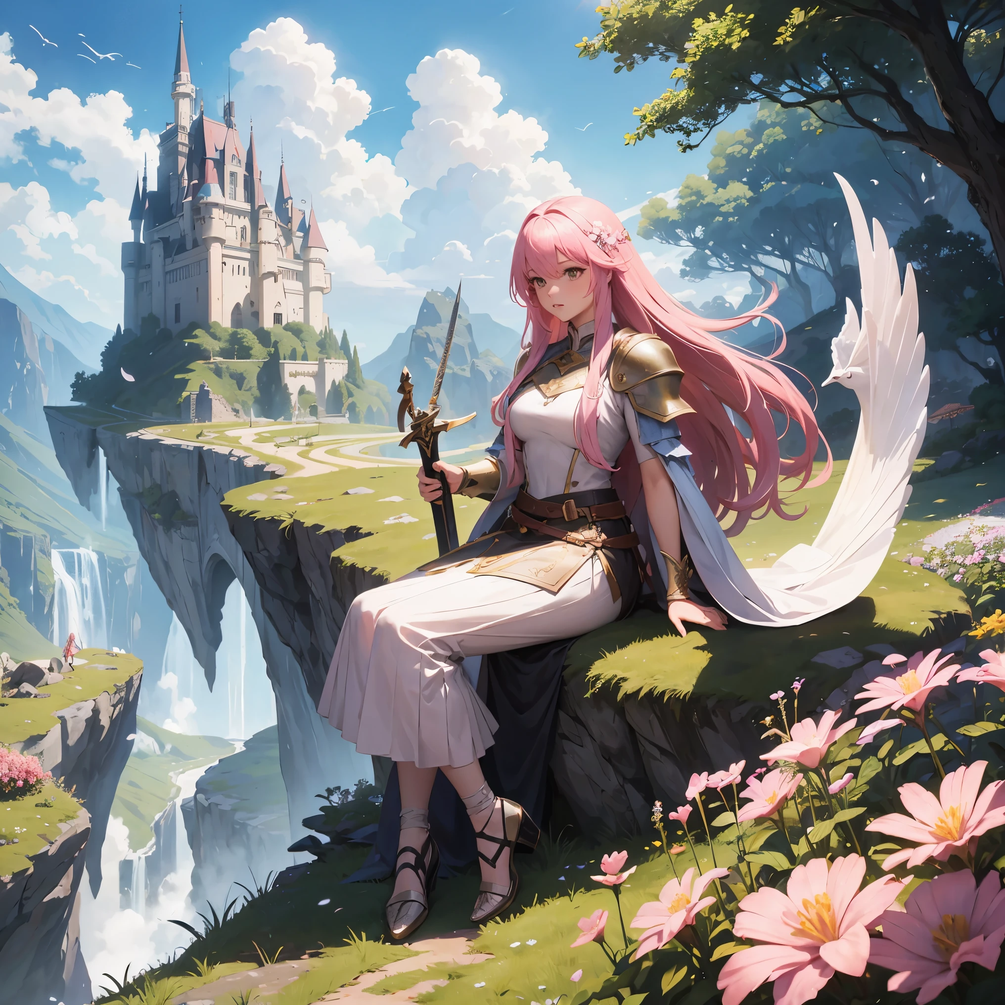 A woman, pink hair, long hair, wearing knight outfit, knight, holding a sword, sword, sitting on a Rock with flowers, location, castle background, giant flying animals, animals Flying giants, flowers on the ground, blue sky