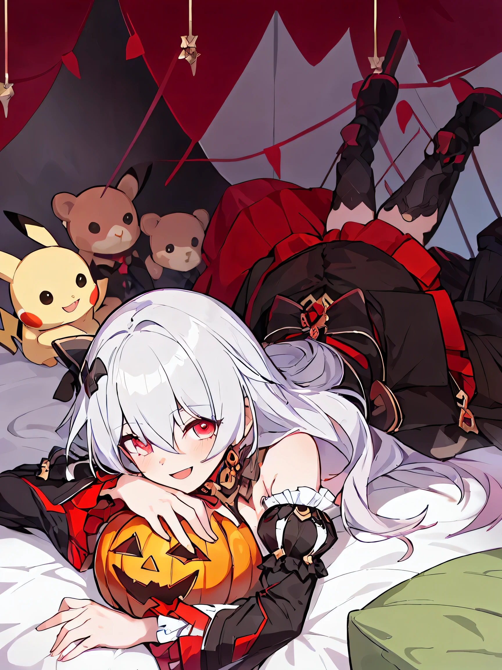 chick, stuffed_toy, stuffed_animal, stuffed_cat, hamster, teddy_bear, cat, bird, pokemon, kero, pumpkin, Pikachu, jack-o'-lantern, bear, Kamado_Nezuko, 1girl,  simple cats, simplecats
shiyue,  red eyes,  breasts,  long hair,  cleavage,  black dress,  white hair,  thighhighs,  hair ornament,  bare shoulders,  detached sleeves,  jewelry,  earrings, bed, laying in bed, looking at viewer, smile, open mouth, Lying with open arms, spread arm, mature girl, mature 