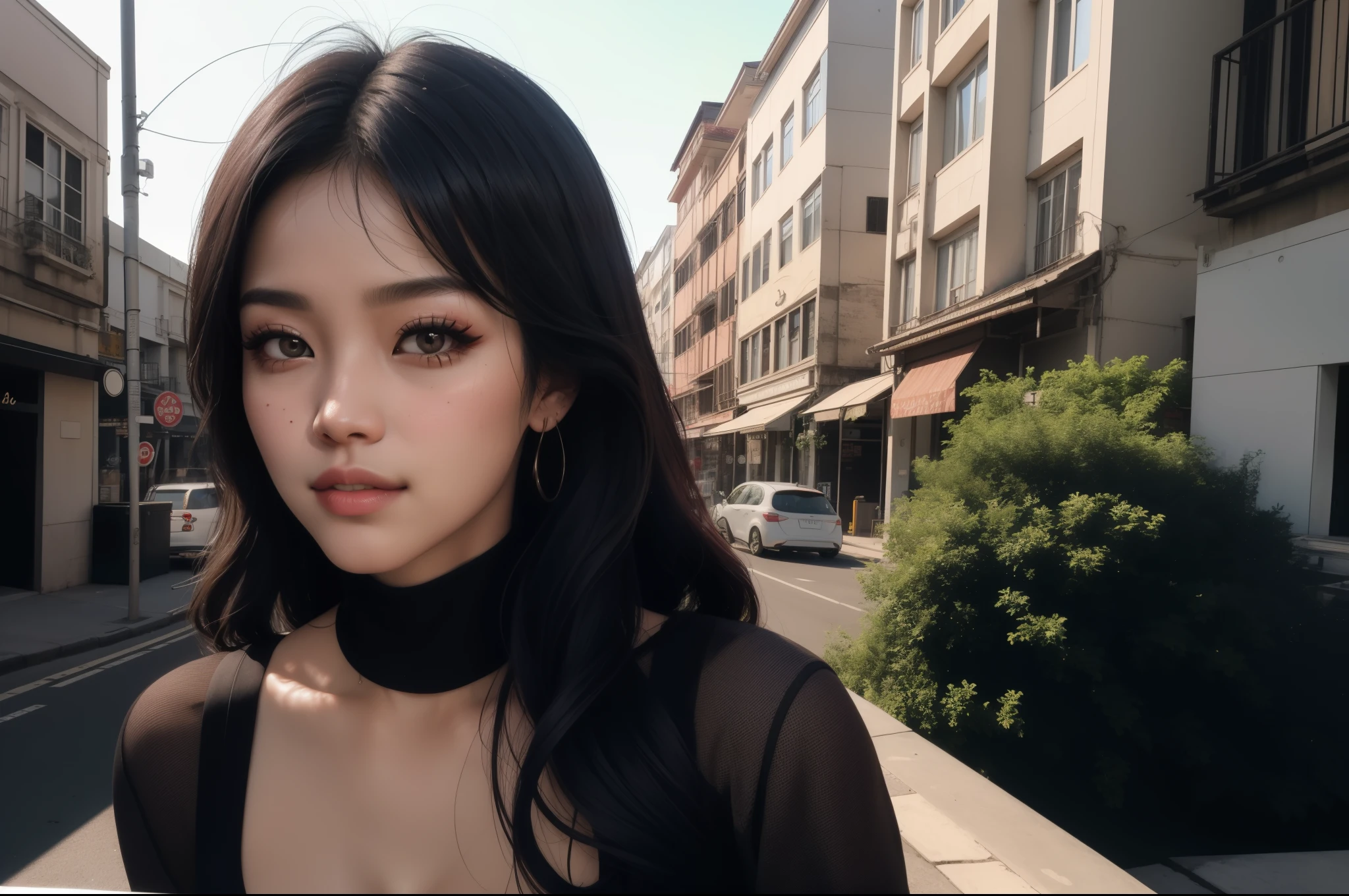 Jisoo do Blackpink: Jisoo has a charming and captivating appearance. Ela tem muito tempo, Cabelo escuro, which is often styled in an elegant and sophisticated way. Your eyes are big and expressive, with naturally bulky eyelashes. Jisoo tem uma tez clara e radiante, with soft and delicate characteristics. Her smile is adorable and she has well-shaped lips. She is known for her classic and graceful beauty, (ela tem  um decote impressionante muito aberto, seus seios saltam pra fora do decote, seios grandes e perfeitos mamilos largos e escuros). 1 garota, Sozinho, deitada sensualizando , fazendo  poses, colorida, ciberpunk, CIDADE, sinal de paz, brincos, Neon, beautiful lighting, reflexo roxo, cap, Foco no personagem, seios longos pra fora da roupa, langerir sexy, nua.