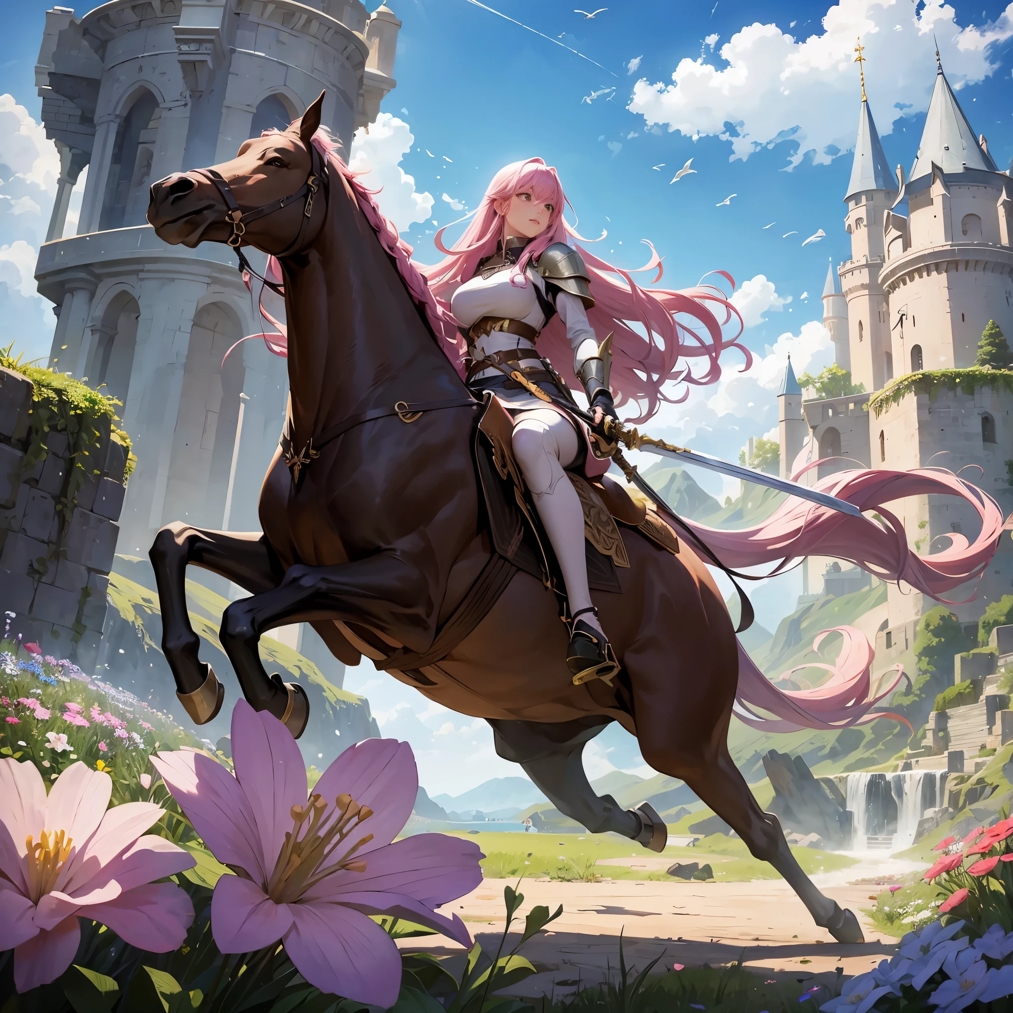 A woman, pink hair, long hair, wearing knight outfit, knight, holding a sword, sword, sitting on a Rock with flowers, location, castle background, giant flying animals, animals Flying giants, flowers on the ground, blue sky, with giant flying animals