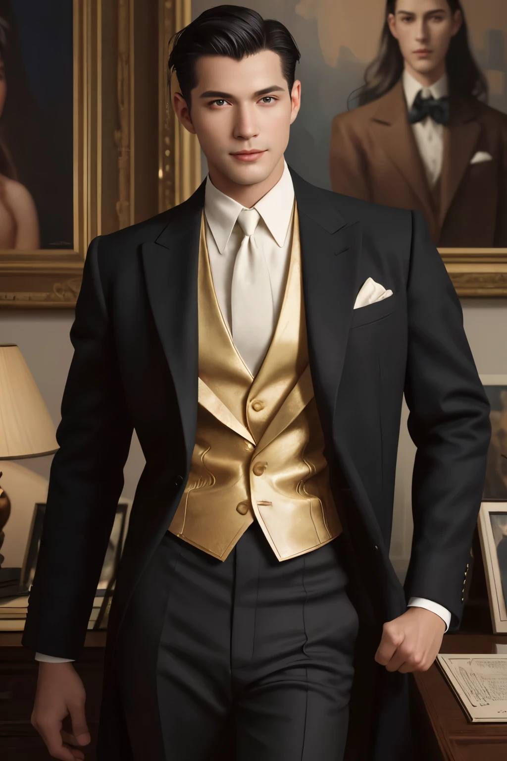 Beautiful matte oil portrait painting, A handsome American man in his New York office in the 20s, Souriant, Wonderful masterpiece with great detail, Beautiful cinematic light deep focus, torce nue, pantalon chic, very muscular, Model installation, digital painting, lisse, mise au point nette, golden ratio, illumination dramatique, ultra realist, 8k, Illustration par Jimmy Law