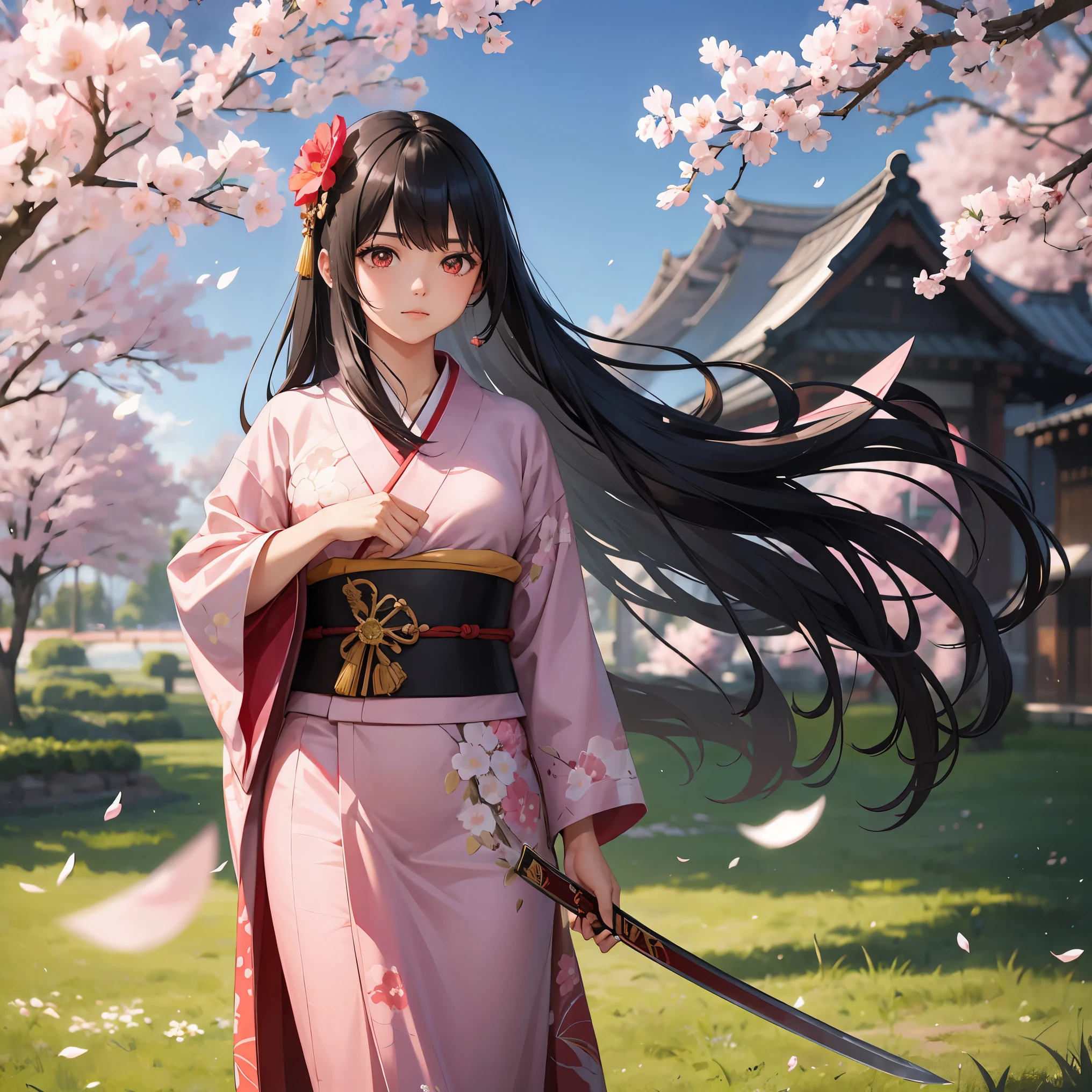 A woman, long hair, black hair, hair with bangs, wearing red flower kimono, flower, standing, holding a sword, sword, location, a Sakura tree, pink tree,Pink flowers flying, field, green field