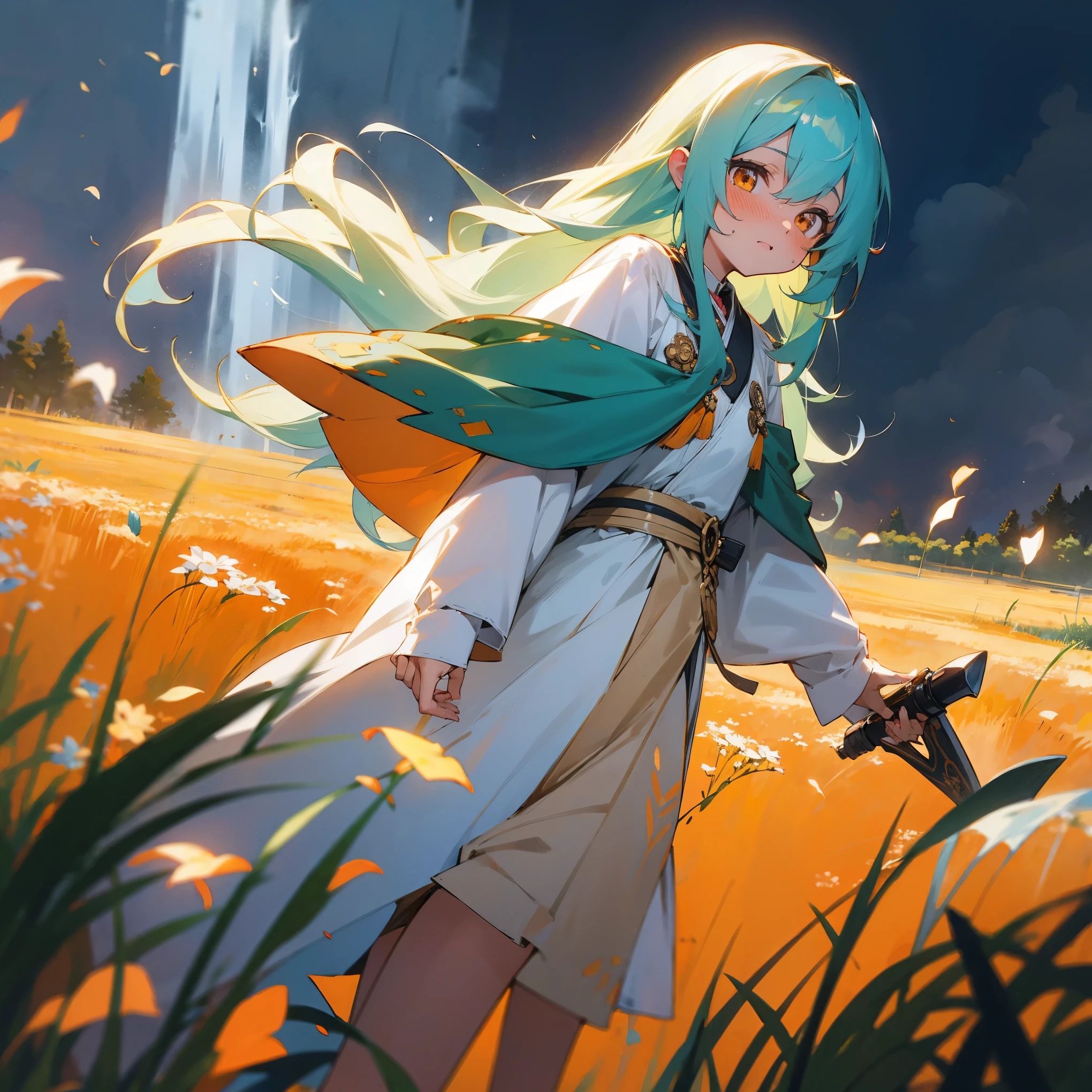 1female, adult, tan skin, finely detailed orange eyes, long wavy hair, pale cyan hair color, loose open yukata, blushing, standing in flower field, waterfall, night, somber expression, village background