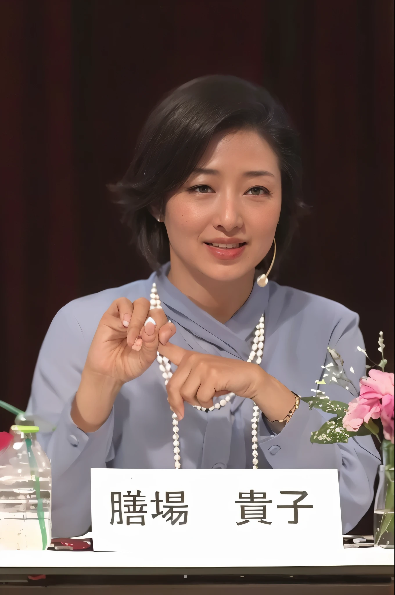 A woman wearing a light blue tie-neck silk blouse is holding a reception with a headset on her ears.,pearl necklace,Well-shaped breasts and cleavage,Full finger shape,Seducing with naughty hand signs,, (photo realistic:1.4), (hyper realistic:1.4), (realistic:1.3), (smoother lighting:1.05), (Improve the quality of cinematic lighting:0.9), 32K, 40 year old Japanese woman, realistic lighting, Backlight, light shines on your face, ray tracing, (bright light:1.2), (Improvement of quality:1.4), (Highest quality realistic textured skin:1.4), detailed eyes, detailed face, high quality eyes, (Tired, sleepy and satisfied:0.0), close up of face, T-shirt, (Enhance the mood of your body line:1.1), (Enhances the beauty of skin texture:1.1)