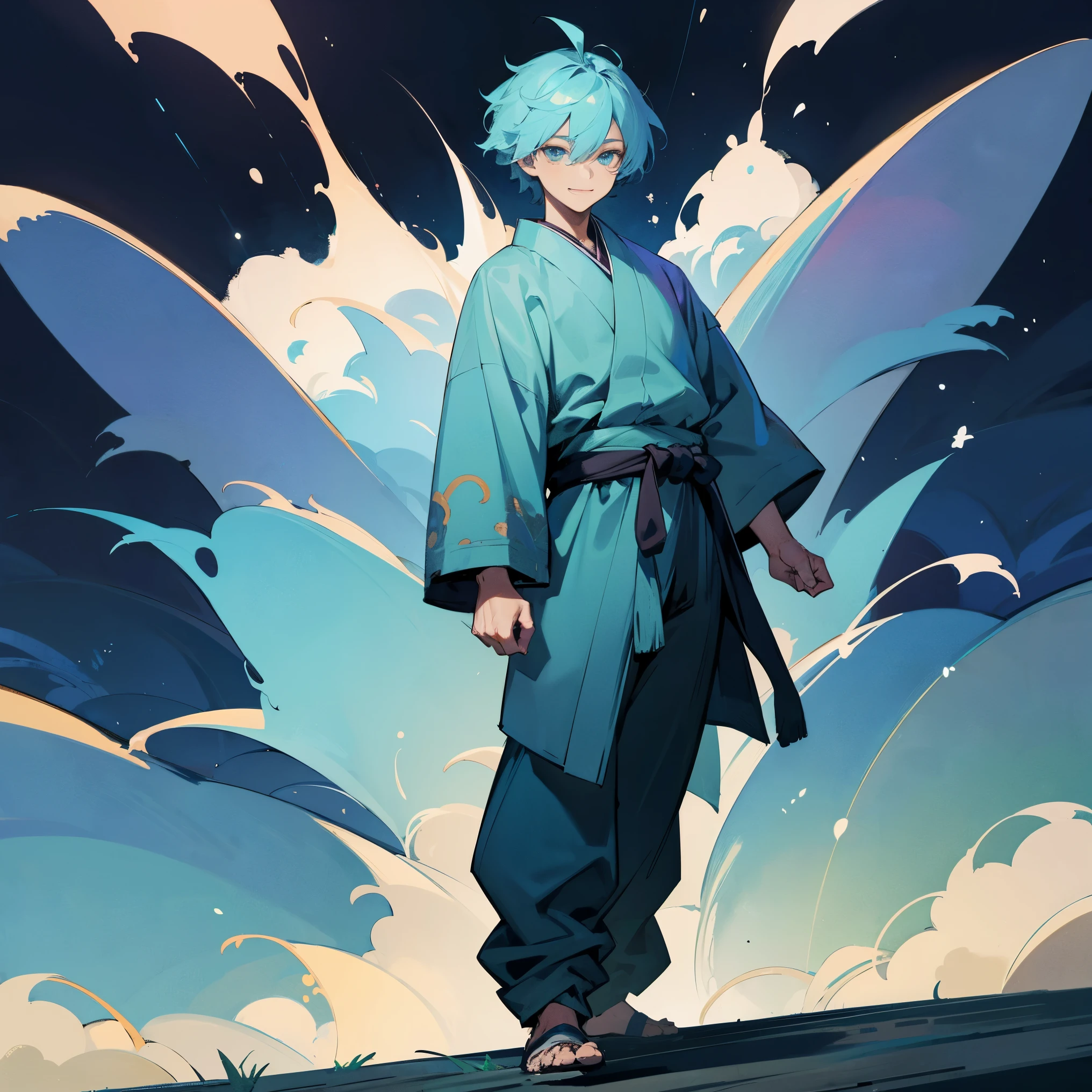1male, adult, finely detailed aqua eyes, short messy hair, azure hair color, loose open long sleeve haori, loose baggy pants, standing with arms folded, standing on open trail, night, confident smile, village
