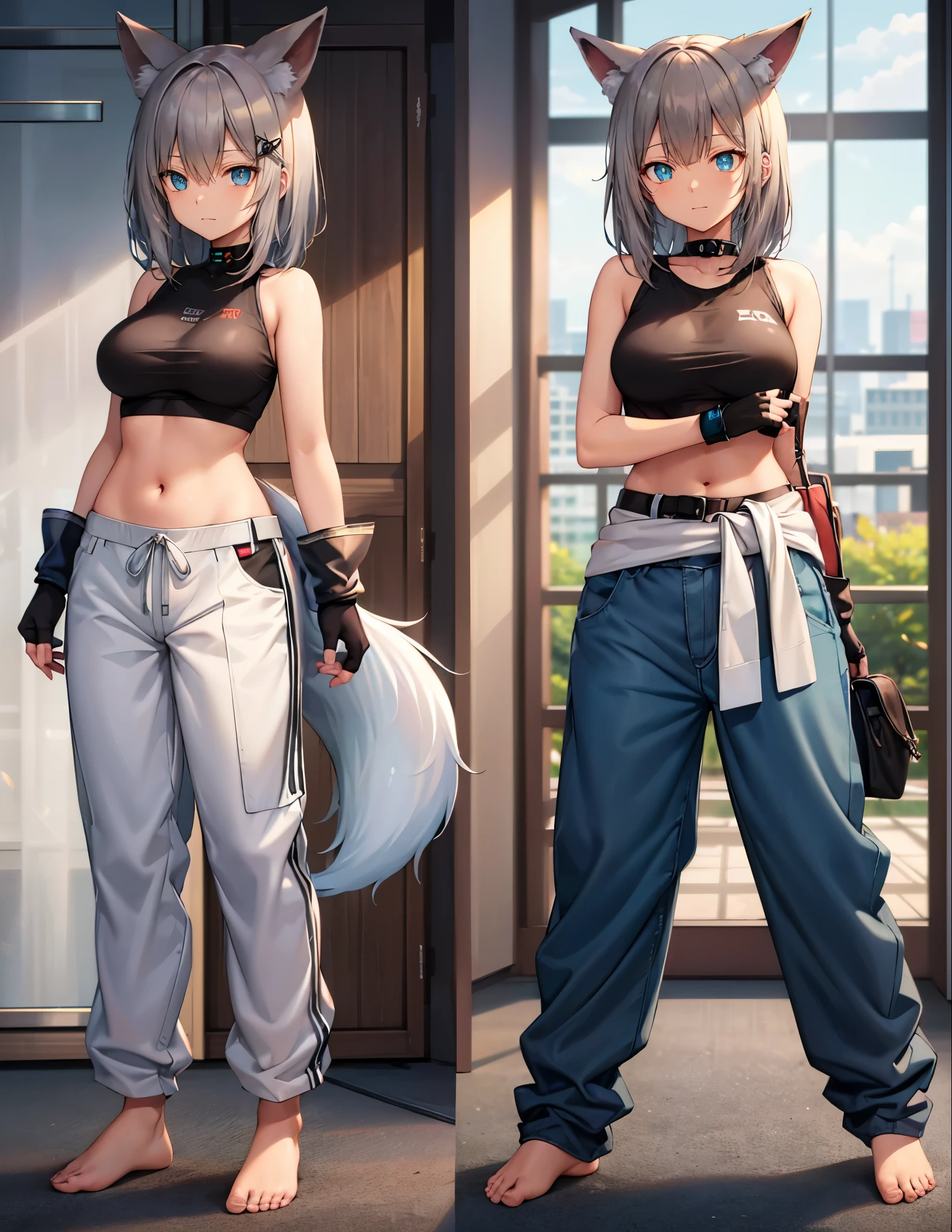 ultra-detailed, ((fox girl)), ((medium hair)), ((fox ears)), ((fox tail)), ((full body)), ((perfect body)), ((medium breasts)), ((standing pose)), ((very baggy and long blue pants with a white stripe)), ((detailed pants)), ((perfect pants)), ((bare feet)), ((sexy black top with a yellow star in the middle)), ((detailed top)), ((perfect top)), ((black martial arts belt around the waist)), ((detailed black belt)), ((perfect black belt)), ((fingerless gloves)), ((detailed gloves)), ((perfect gloves)), ((fully detailed)), illustration, vivid colors
