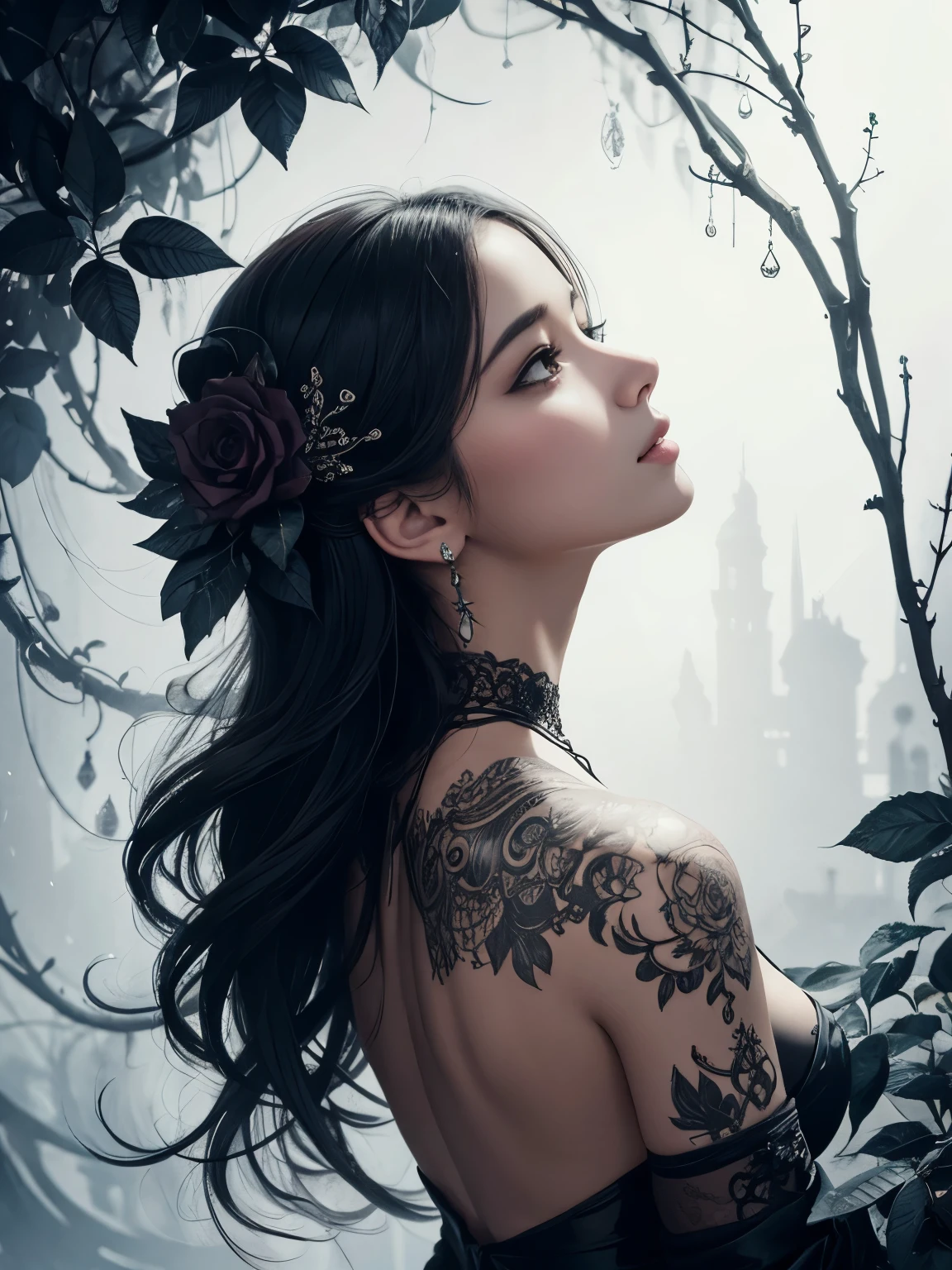 ink masterpiece of Filigree Fractal wrapping around a mesmerizing delicate rosebud inspired by "Russ Mills" :: TINY brushstrokes, smooth textures, side shot, dripping ink, beautiful light and shadows, fantasy botanical art