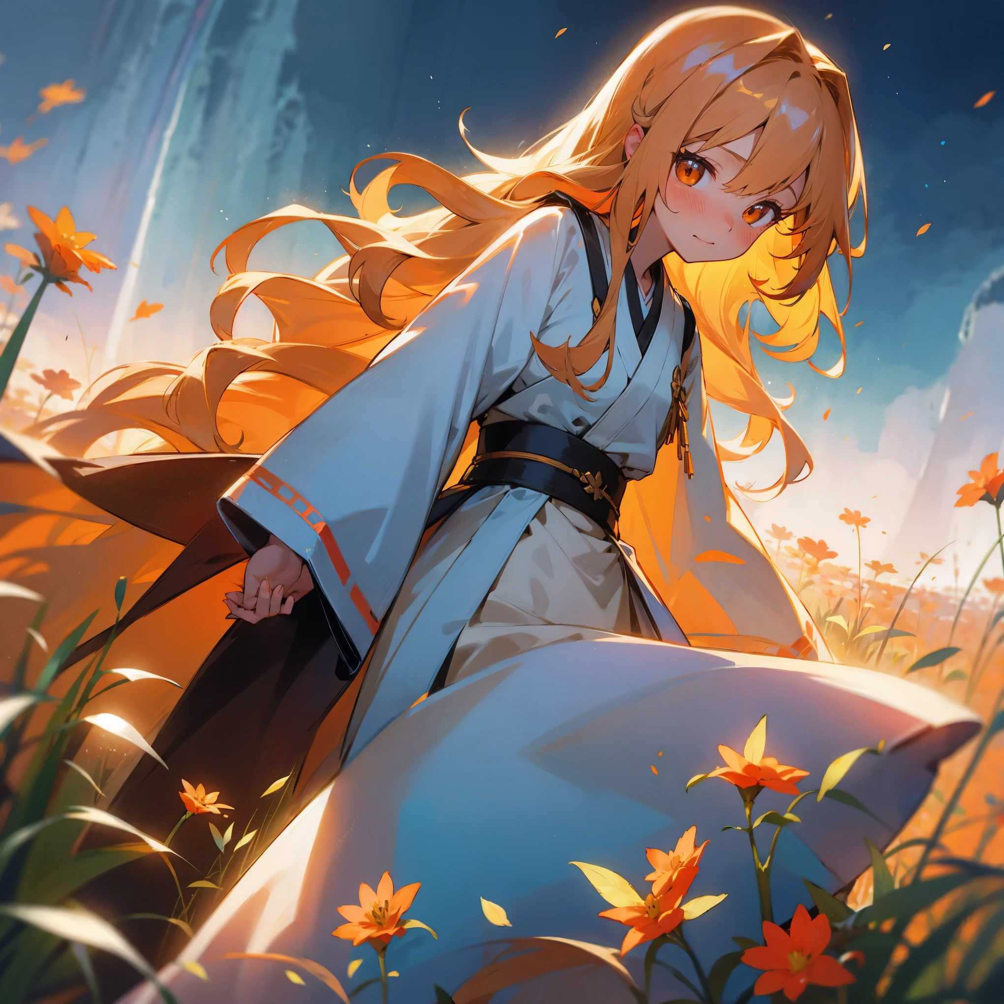 1female, adult, tan skin, finely detailed orange eyes, long wavy hair, pale cyan hair color, loose open yukata, blushing, standing in flower field, waterfall, night, somber expression, village background