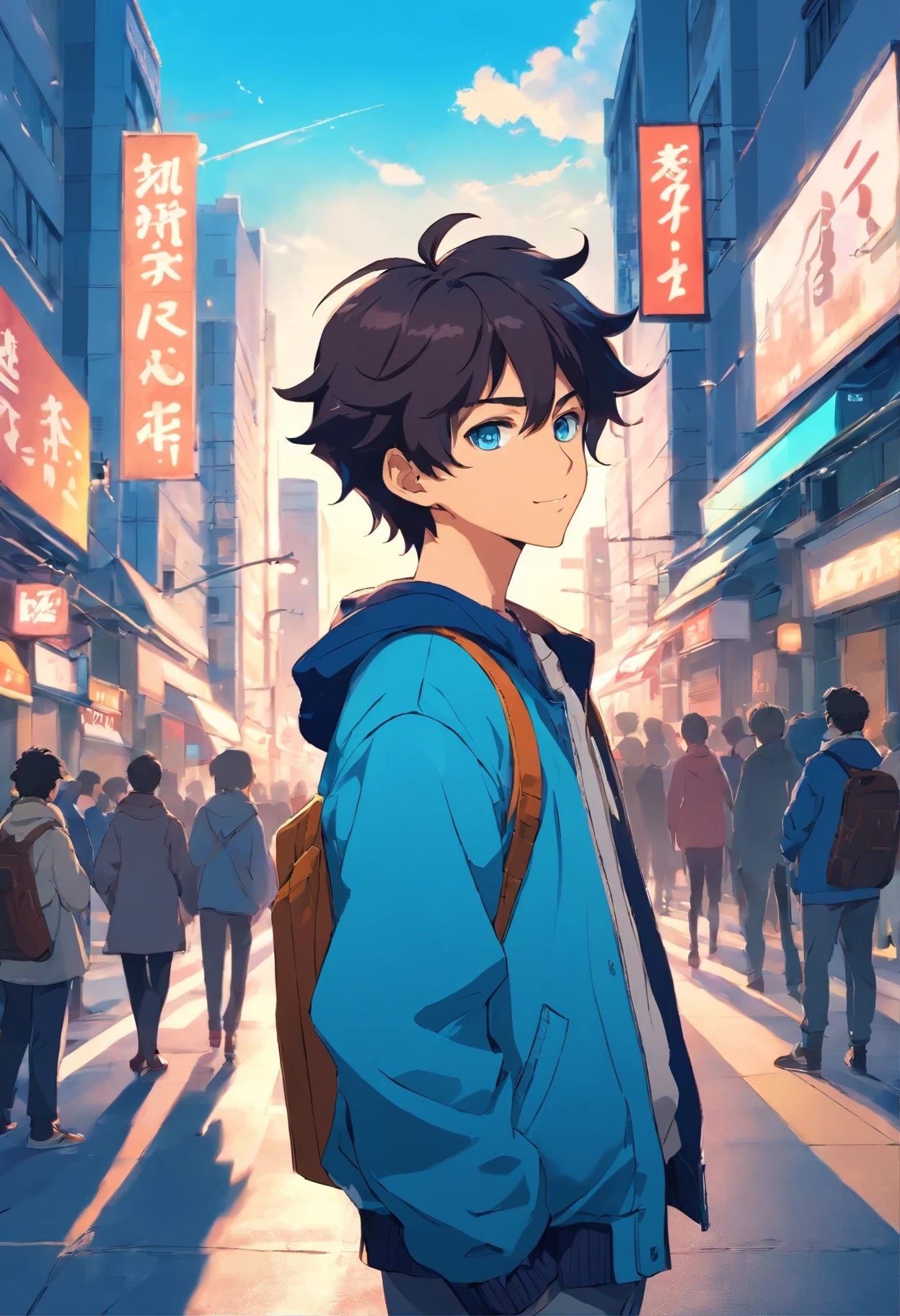 A boy with, Transform into an anime style, Exaggerate unique facial features and clothing, Light blue eyes and dark curls, blue jacket, Stand on the bustling city streets, The backlit background highlights the subject, High-contrast colors, 4K HD quality，Young, Smiling, Handsome