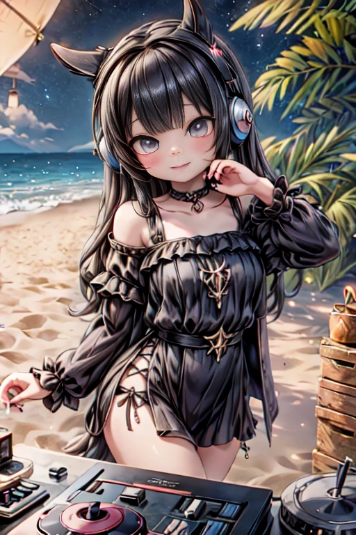 Selfie at Beach Party, a vampiress in bikini, smiling, elongated canines, beach at night, torchs, starry sky, bright moon