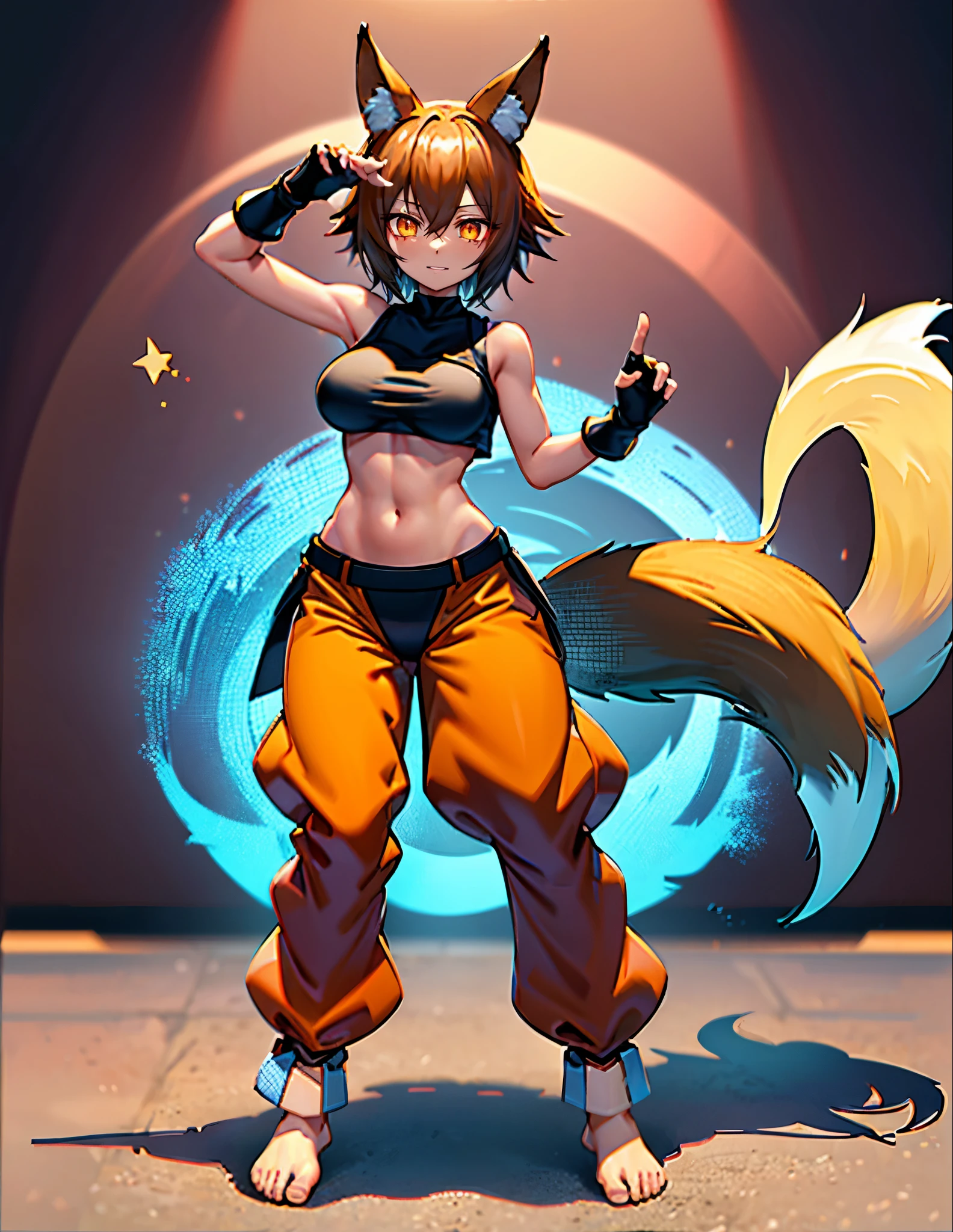 ultra-detailed, ((fox girl)), ((medium hair)), ((fox ears)), ((fox tail)), ((full body)), ((perfect body)), ((medium breasts)), ((standing pose)), ((very baggy and long blue pants with a white stripe)), ((detailed pants)), ((perfect pants)), ((bare feet)), ((sexy black top with a yellow star in the middle)), ((detailed top)), ((perfect top)), ((black martial arts belt around the waist)), ((detailed black belt)), ((perfect black belt)), ((fingerless gloves)), ((detailed gloves)), ((perfect gloves)), ((fully detailed)), illustration, vivid colors
