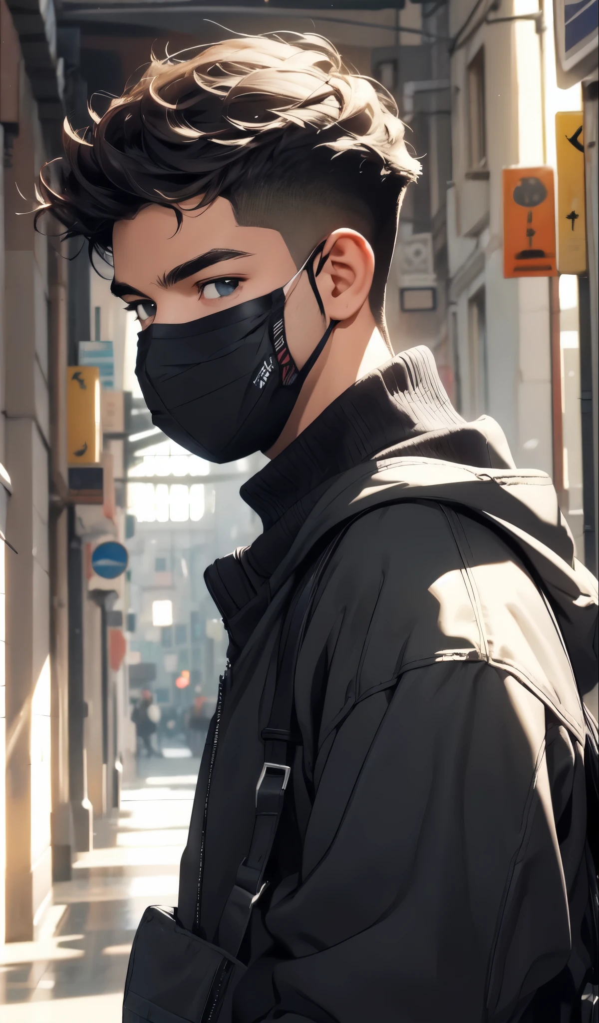 1 ,fundo escola,absurdos,obra de arte,alta,solution,intrinsecamente detalhado,muscular,strutting ao ar livre,olhos lindos,rosto detalhado,ao ar livre,Global illumination,Subsurface Dispersion, with a mask in his hands next to his face