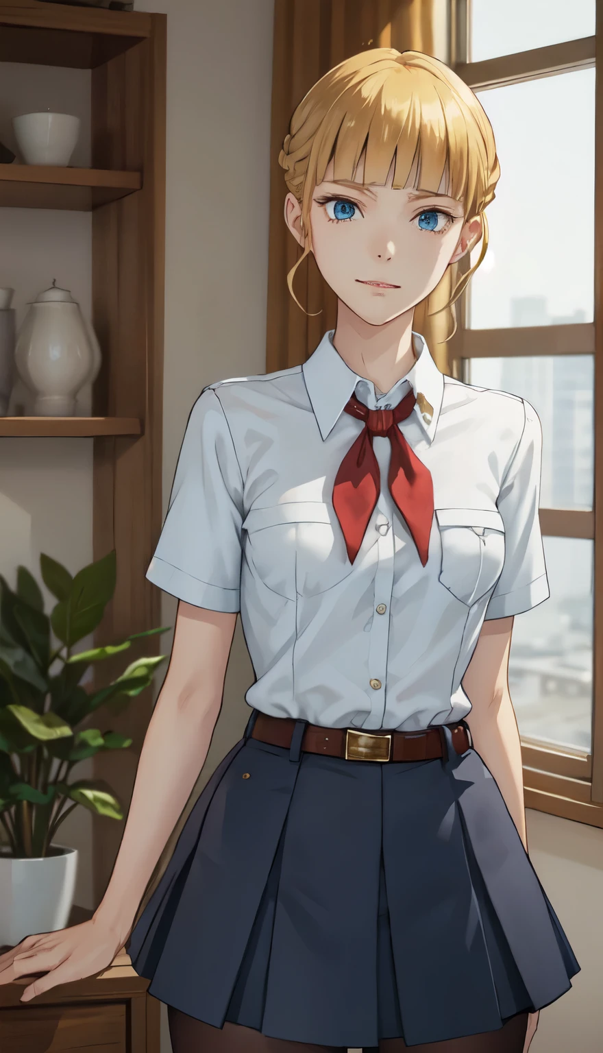 blond hair, Hair, ahoge, Raised eyebrows, sparkling eyes, green eyes, shy smile, atmospheric perspective, anime style, Cinematic lighting, glowing light, wide angle, 8 k, Best quality, masterpiece, high detail, high quality, slender and fit young girl, perfect flat chest, Thin waist, pioneer neckerchief, blue microskirt, bang, White shirt, short sleeves, collared shirt, belt, eyelashes, red neckerchief, chest pocket, know-v1, died_Alessia