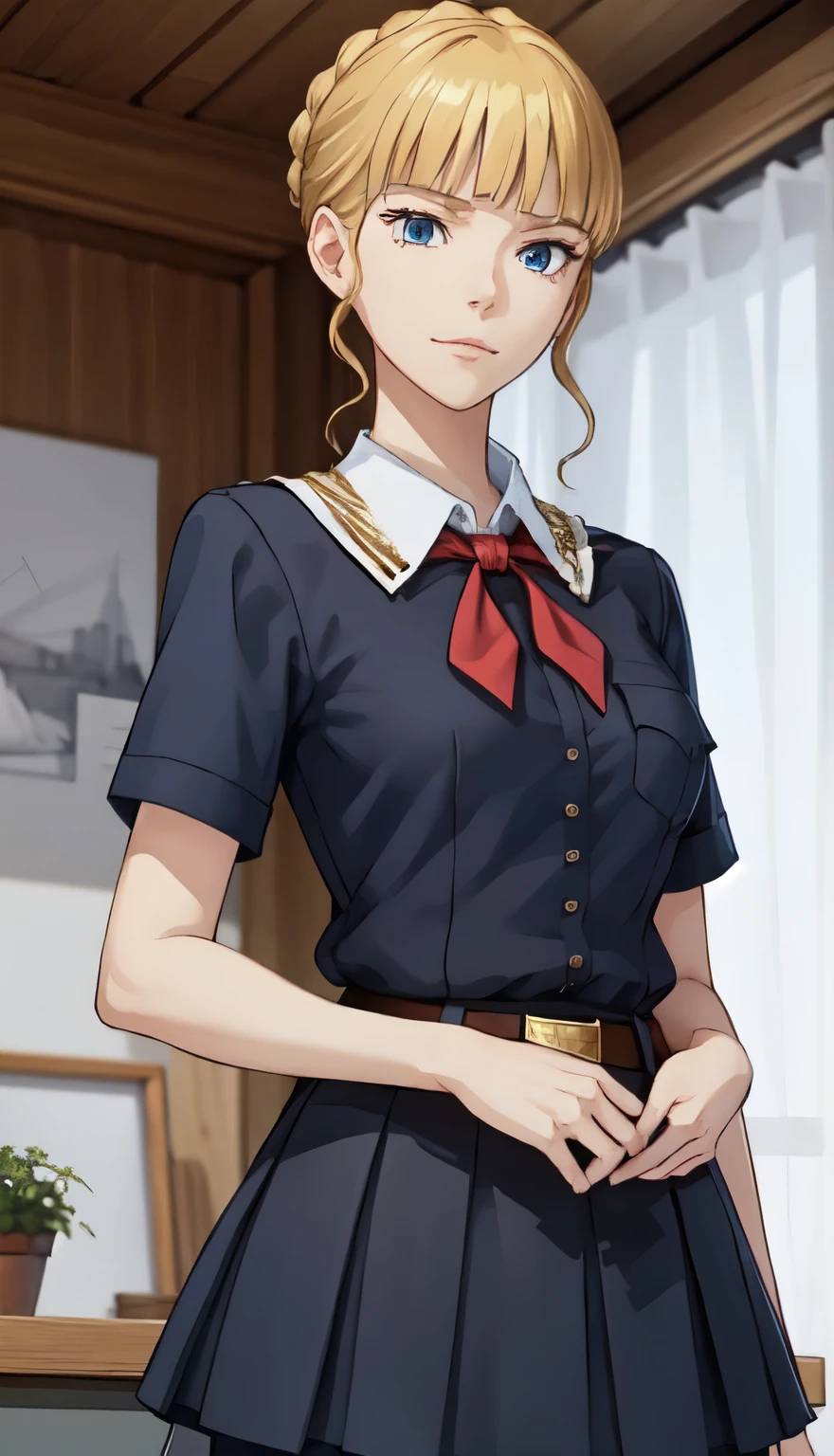 very young slim fit girl, full height, rounded face, (blond hair:1.4), big blue eyes, shy smile, perfect medium breast, beatrice, pioneer neckerchief, short tight blue pleated skirt, bangs, tight white shirt, short sleeves, collared shirt, belt, red neckerchief, breast pocket, 