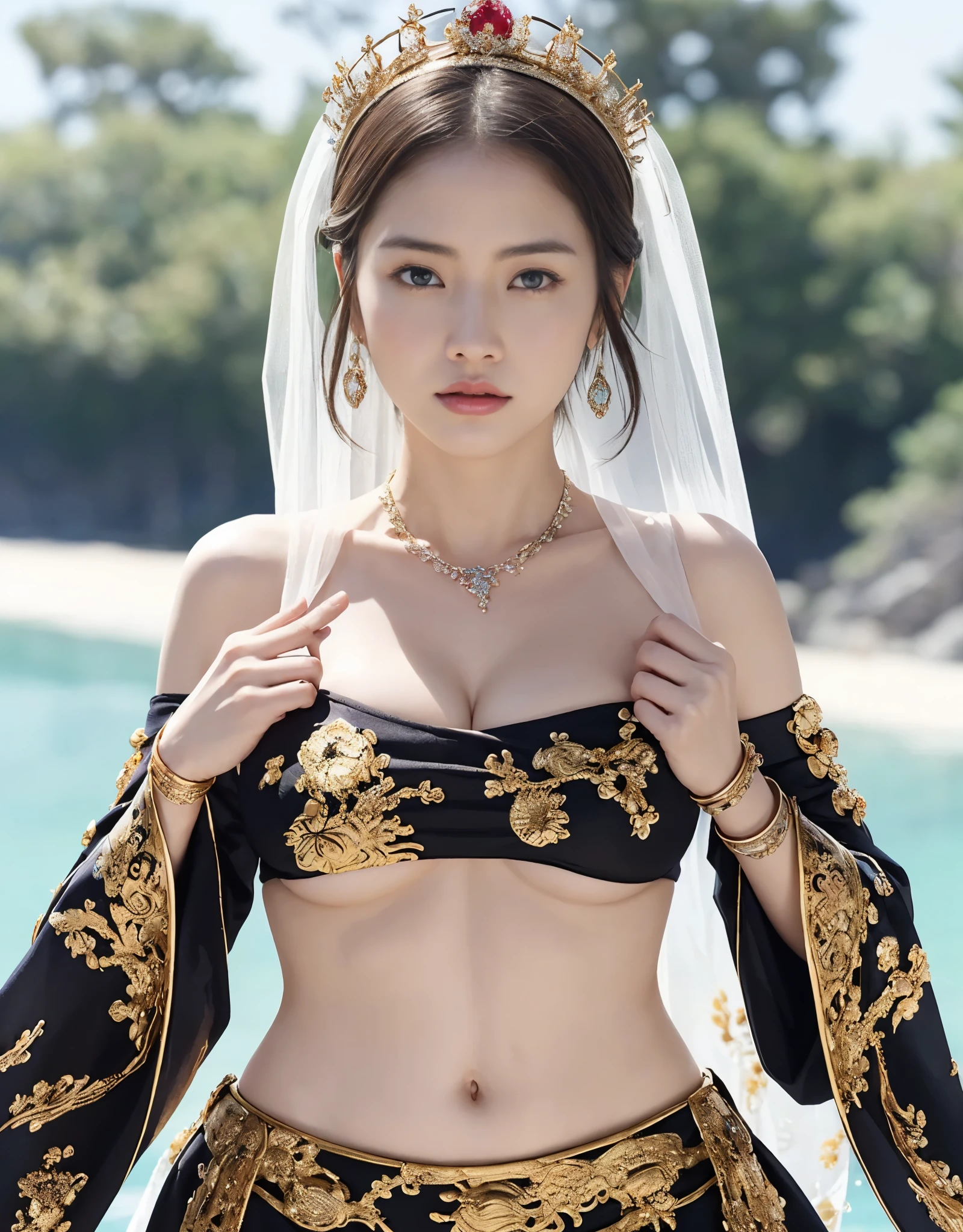 highest quality、masterpiece、超A high resolution、16K photos、(Black Dragon Armor)、(((big breasts)))、(((a large flower ornament))),(((Micro bikini with attention to detail))),(wears a beautiful crown made of precious stones),(Photoreal:1.4)、RAW photo、1 girl、(((random hair))、(((take various poses)))、glowing skin、(((white dragon)))、intricate and gorgeous hair ornaments、(Looks like a gorgeous jewelry necklace)、(whole body angle)、(fight big dragonet bikini)、((beautiful sea background)),(beautiful sea background)、((Super realistic details))、Portrait、global illumination、(sexy pose)、Shadow、octane rendering、16K、big breasts、Raw skin exposed in the cleavage、Metal、intricate decorative details、Japan details、very intricate details、blue eyes、Eyes shining towards the camera、two stock、(whole body angle)、(veil)、(((heavy big))),((she is wearing a beautiful jeweled bangle.)),