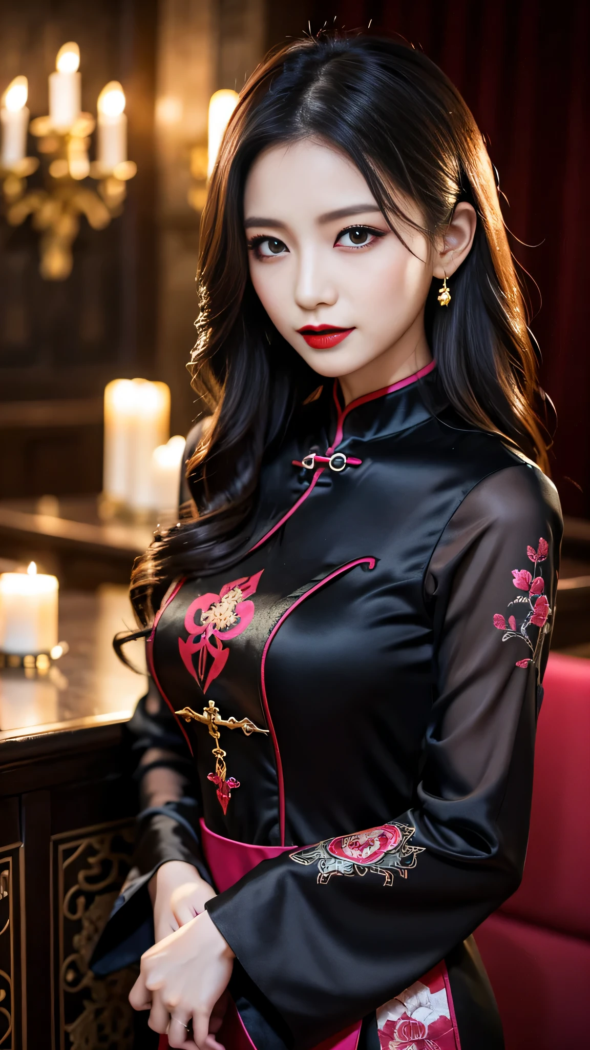Super detailed、Japanese、charming beauty、seductive adult woman、Beautiful woman、sharp eyes、cool girl、wavy hair、long black cheongsam、wide sleeve、evilの幹部、evil depravity、brainwashing、Mind control、apply lipstick、grin、evilな表情、evil、empty eyes、evil、church at night、vampire、vampire、Hypnosia makeup brush