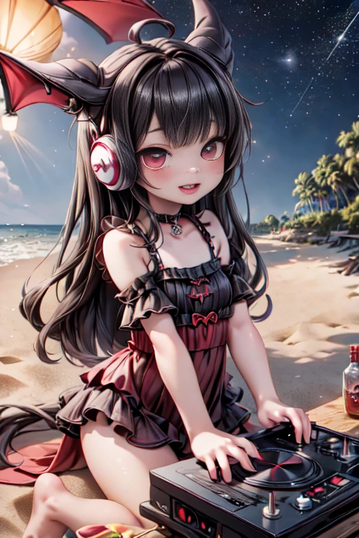 masterpiece, best quality, abrurdress, Selfie at (((Beach))) Party, a DJ ((horned vampiress)), red eyes, red smokey eyes makeup, blush, red lips, open mouth, ((elongated fangs)), (((wearing big headphones))) with lanterns, DJ mixing, at night, starry sky, beach background,
