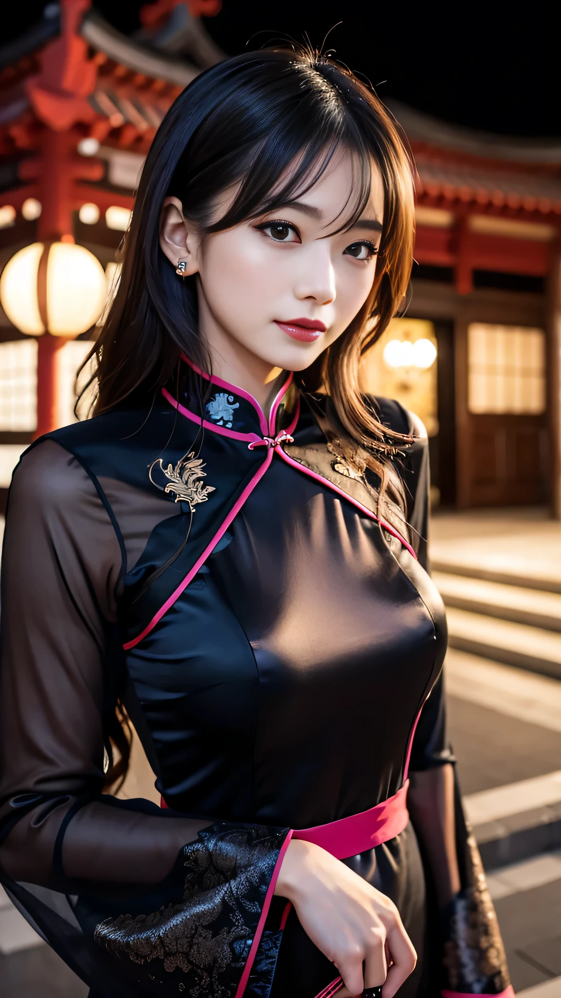 Super detailed、Japanese、charming beauty、seductive adult woman、Beautiful woman、sharp eyes、cool girl、wavy hair、long black cheongsam、wide sleeve、evilの幹部、evil depravity、brainwashing、Mind control、apply lipstick、grin、evilな表情、evil、empty eyes、evil、church at night、Hypnosia makeup brush