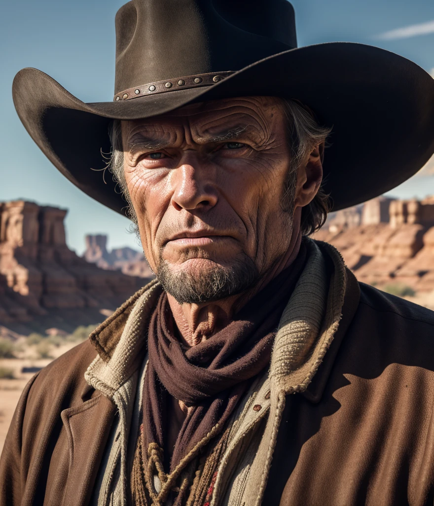 A very realistic picture of Clint Eastwood, his clothes like in  movie  "the Good the Bad and the Ugly", intense look, ready for duel , far west landscape, extremely detailed, as close as possible to real Eastwood face, perfect cinematic photo, hollywood style, Sergio Leone movie, professional movie set, oscar winning photo, 8k , octane render, extremely realistic