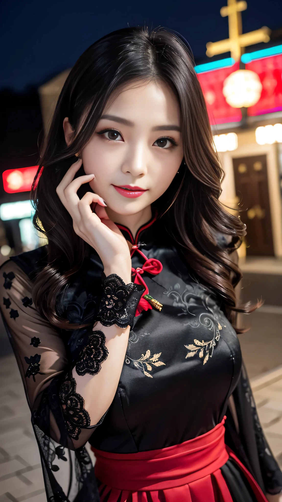 Super detailed、Japanese、charming beauty、seductive adult woman、Beautiful woman、sharp eyes、cool girl、wavy hair、long black cheongsam、wide sleeve、evilの幹部、evil depravity、brainwashing、Mind control、apply lipstick、grin、evilな表情、evil、empty eyes、evil、church at night、Hypnosia makeup brush
