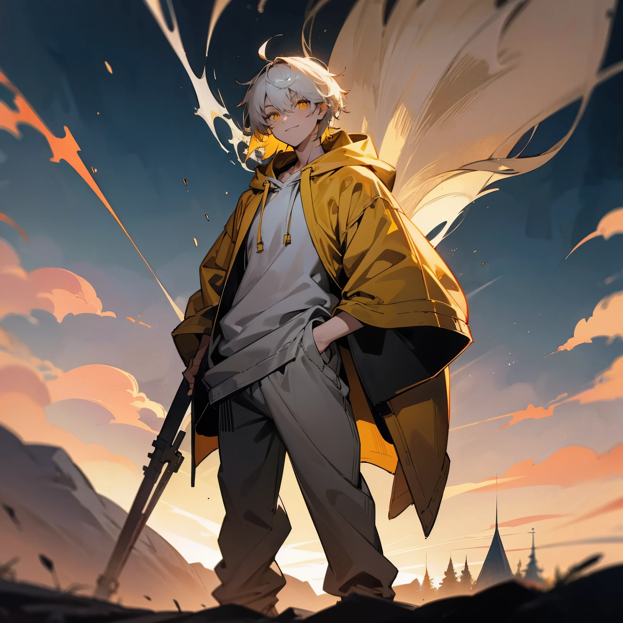 1male, adult, finely detailed yellow eyes, short messy hair, pale grey hair color, loose oversized hoodie, loose baggy pants, standing with arms folded, standing on open trail, night, confident smile, village, muscular, serious