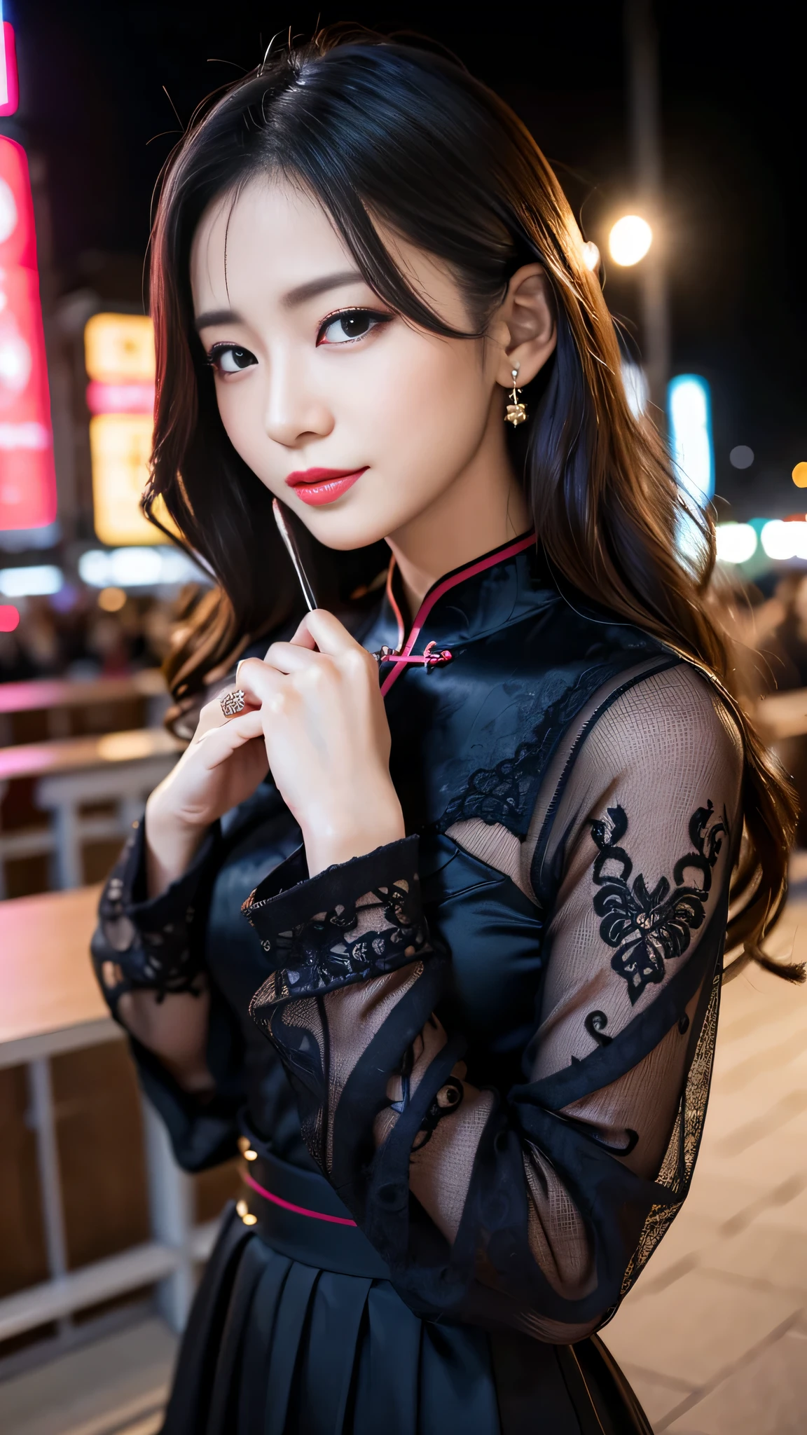 Super detailed、Japanese、charming beauty、seductive adult woman、Beautiful woman、sharp eyes、cool girl、wavy hair、long black cheongsam、wide sleeve、evilの幹部、evil depravity、brainwashing、Mind control、apply lipstick、grin、evilな表情、evil、empty eyes、evil、church at night、Hypnosia makeup brush