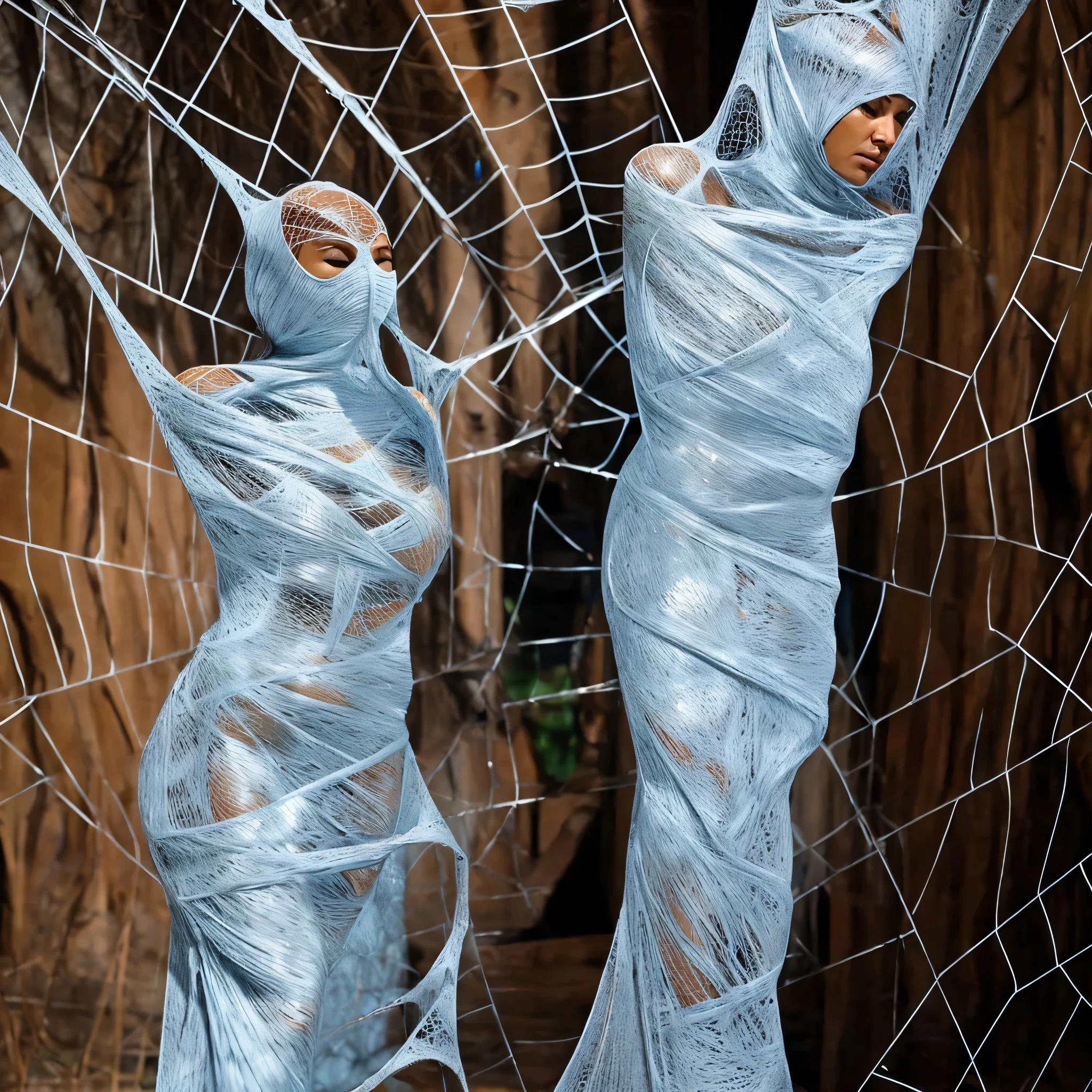 a girl entangled in the spider web, struggle, detailed classroom, (cocoon:1.3), spider web, hanging, spider in the web, spider