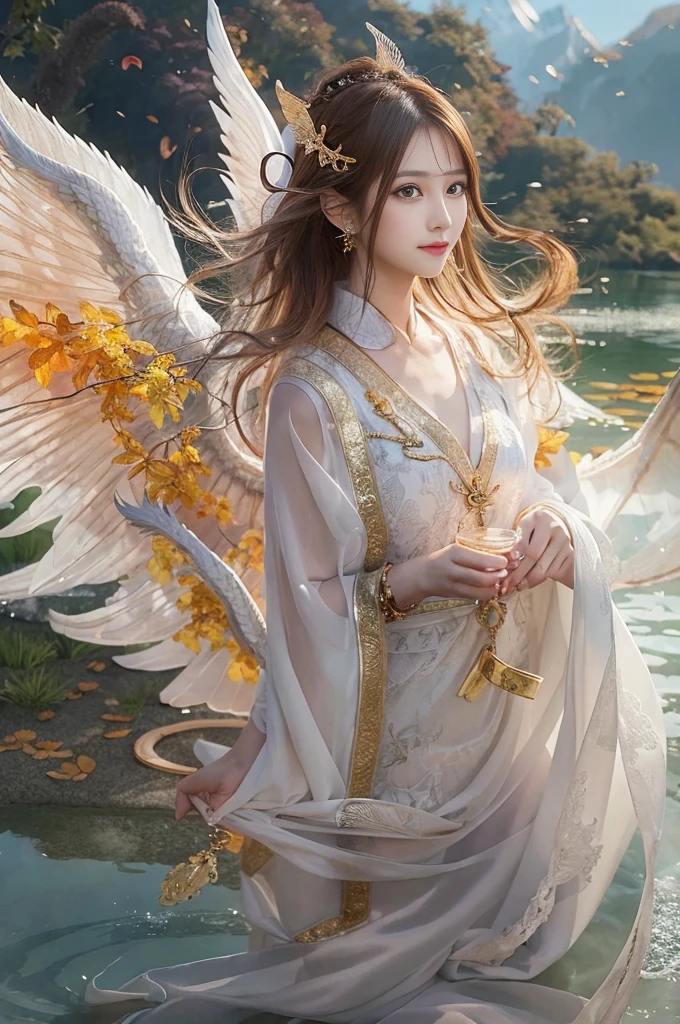 Dragons in Chinese mythology,(Portrait of an angel and a dragon god:1.3,)(Sheer and revealing white fluffy outfit:1.3, ),(Angel with glass wings floating above lake:1.3), (A glass dragon protects angels from behind:1.3),shiny light brown and orange striped hair,,,,,,Cute smile,Perfect round face,A cheerful smile that makes the viewer happy,Proper body proportion,masutepiece,Super high-quality output images,hight resolution,Intricate details,Hair fluttering in a very delicate and beautiful wind,photos realistic,Dreamy,Professional Lighting,realistic shadow,Beautiful hands,Beautiful fingers,Detailed finger features,detailed clothes features,Detailed hair features,detailed facial features,