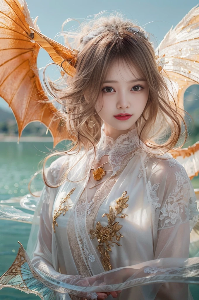 Dragons in Chinese mythology,(Portrait of an angel and a dragon god:1.3,)(Sheer and revealing white fluffy outfit:1.3, ),(Angel with glass wings floating above lake:1.3), (A glass dragon protects angels from behind:1.3),shiny light brown and orange striped hair,,,,,,Cute smile,Perfect round face,A cheerful smile that makes the viewer happy,Proper body proportion,masutepiece,Super high-quality output images,hight resolution,Intricate details,Hair fluttering in a very delicate and beautiful wind,photos realistic,Dreamy,Professional Lighting,realistic shadow,Beautiful hands,Beautiful fingers,Detailed finger features,detailed clothes features,Detailed hair features,detailed facial features,