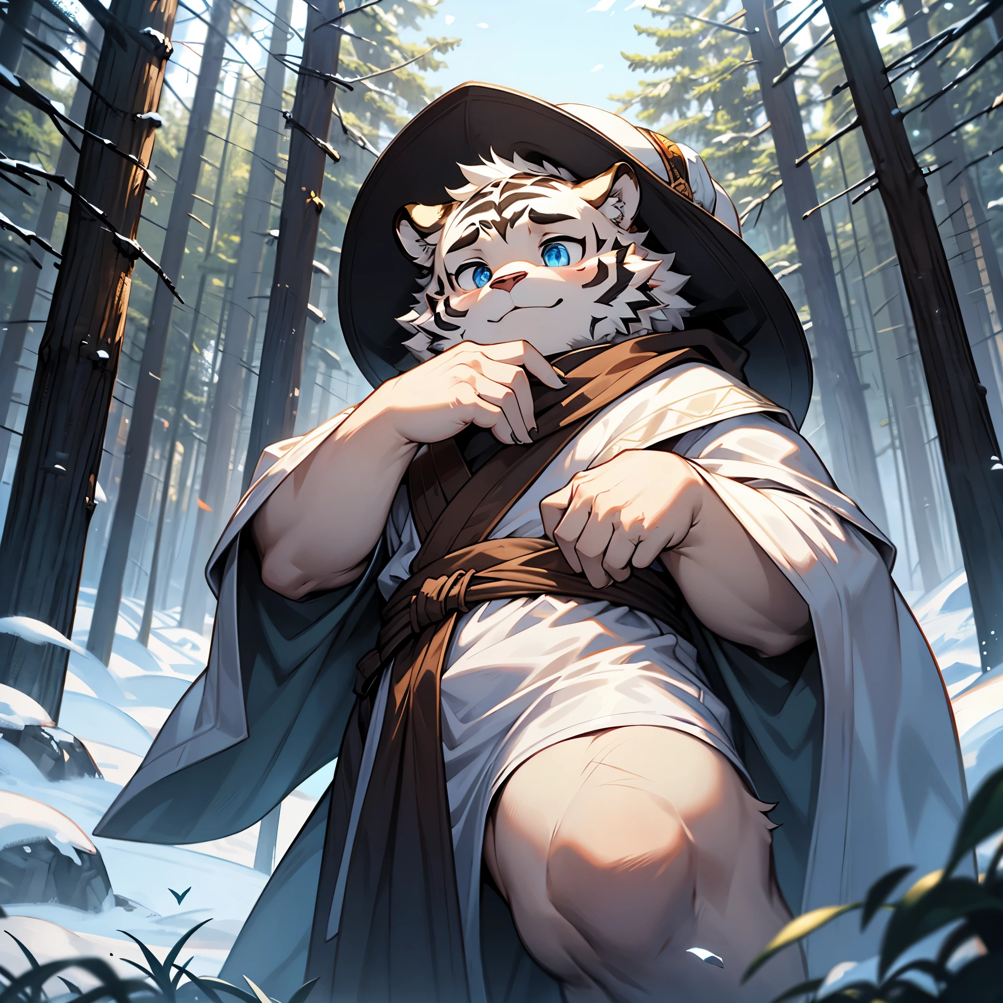 best quality, masterpiece, high resolution, forest, blizzard, hairy, tiger, white fur, no black, a little fat, young, handsome, innocent, blue eyes, big eyes, windproof robe, robe cap to cover his head, figures in the center of the picture, the background is very big.