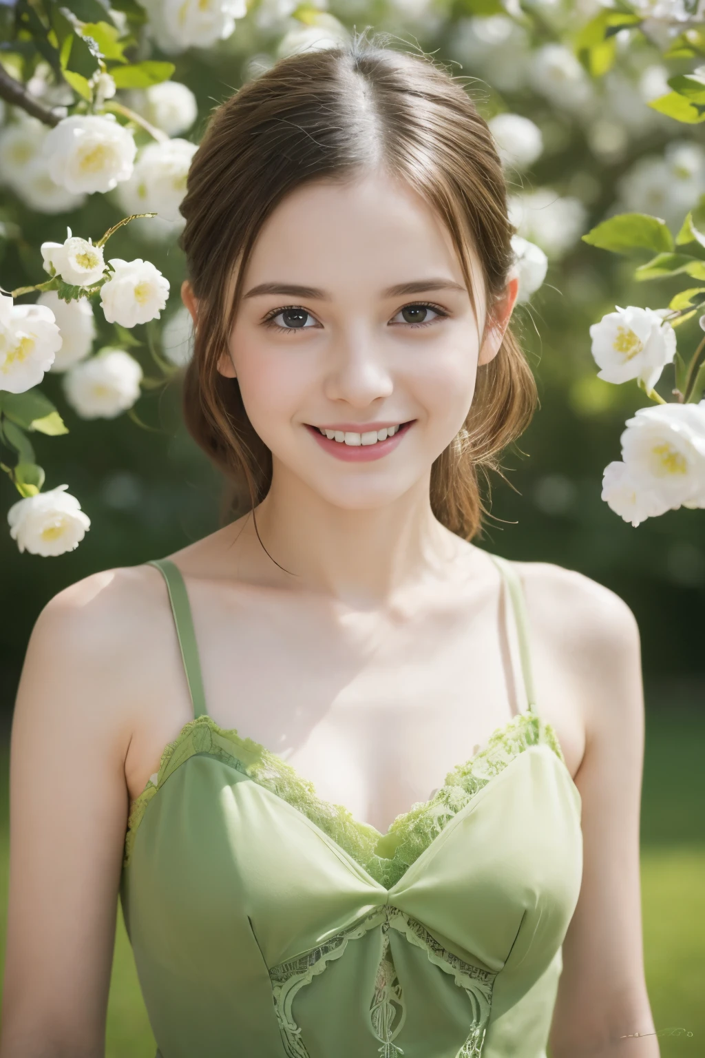 Masterpiece, Best quality, 8k, 18 ans, Photo brute, absurdes, Award-winning portrait, sourire, sourire, pure, french, elegant vibrant green dress, spring, orchard in bloom, laces, famous singer, cute, fit, healthy, lovely