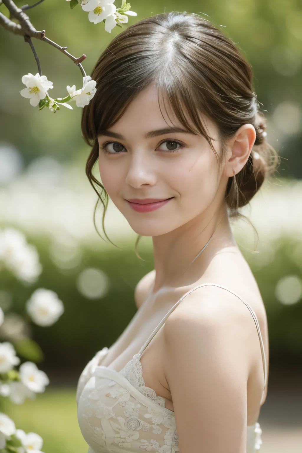 Masterpiece, Best quality, 8k, 18 ans, Photo brute, absurdes, Award-winning portrait, sourire, sourire, pure, french, elegant modern vibrant green dress, spring, orchard in bloom, laces, famous singer, cute, fit, healthy, lovely, posing, Audrey tautou