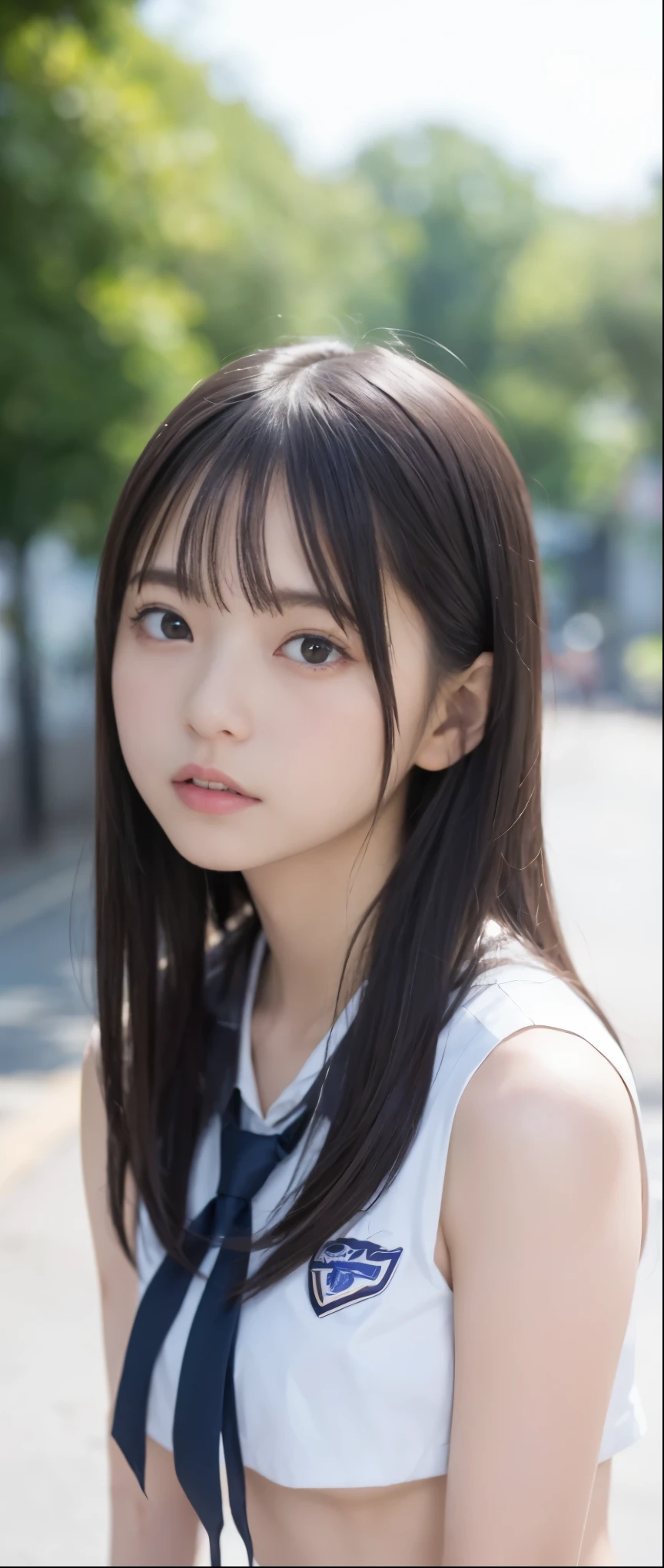 (masterpiece, highest quality:1.2), 8k, , 85mm, official art, RAW photo, スーパースリムなスレンダーbeautiful girl, (full nude下Half body、show me your ears、Embarrassed naked girl photo shoot、full nude, cute frightened face, close, Half body, Biolace, gardenia, beautiful girl, school uniform, small thighs,Thin waist、 stand on the station platform, Looking at the viewer in embarrassment, no makeup, (A slightly troubled look), Face of embarrassment、nervous pose、film grain, chromatic aberration, sharp focus, face light, clear lighting, Ten generations, detailed face, background bokeh, (dark red tie:1.1)、((((((two girls))))))、((((((2人のfull nude女子高生)))))、Short-cut straight hair