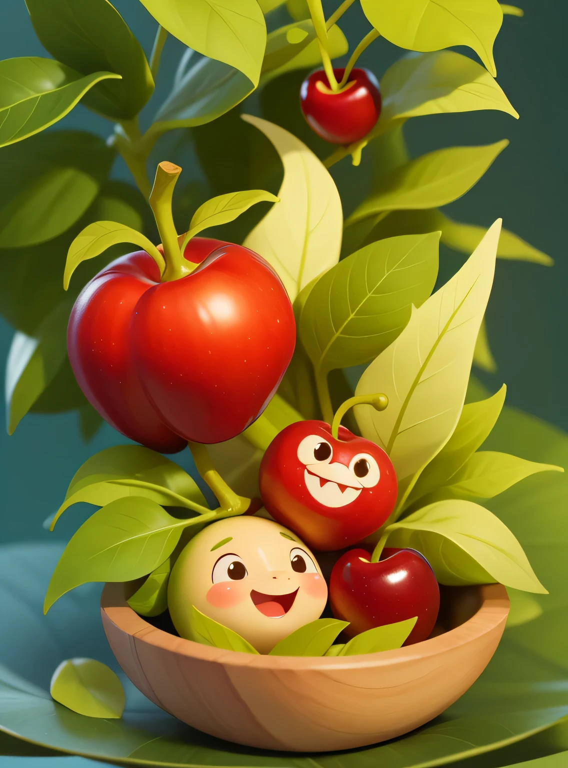 A smiling cherry with cute leaves and a friendly expression sticker :: Fruity and kind :: Red and green colors with cute expressions :: Adesivo 2D