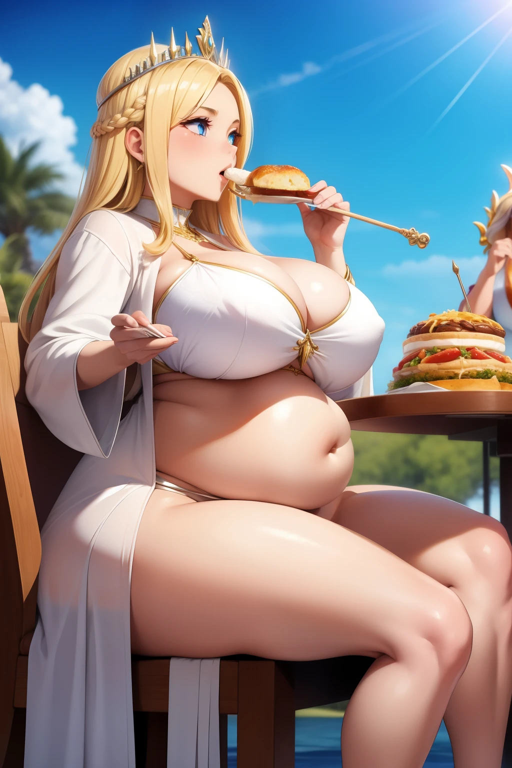 Masterpiece: superb super detailed goddess, white robe, long hair, blonde staff, sunshine, blue sky, big breasts, plump women, mature women, big belly, abnormally large belly, eating food, feast, table, chairs