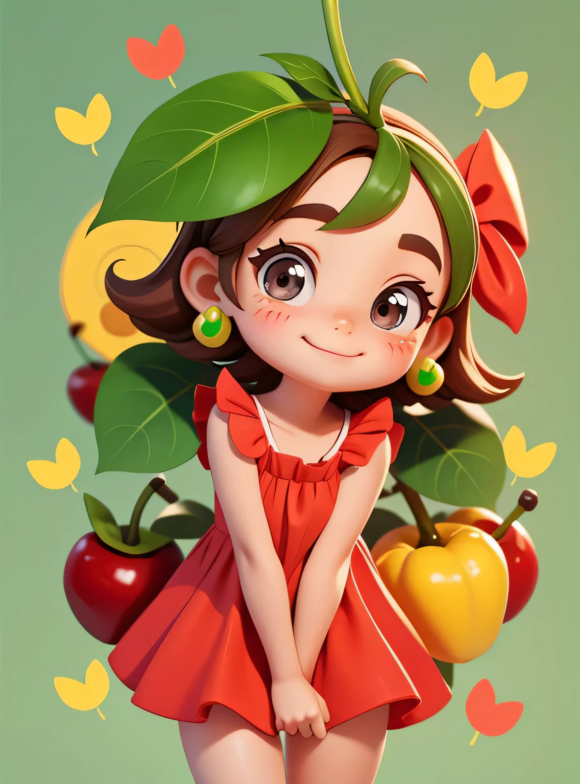 A small smiling cherry with cute leaves and a friendly expression sticker :: Fruity and kind :: Red and green colors with cute expressions :: Adesivo 2D