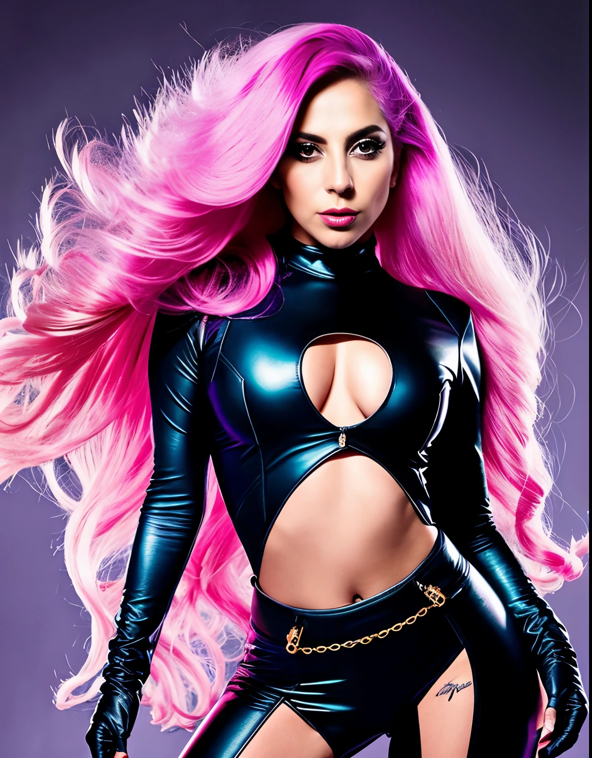 Lady GaGa traje de los xmen,CUERPO COMPLETO,textura 4K, cabello azul, calidad alta, cuerpo completo,varias poses corporales,rostro realista en 8k,peinado extravagante, Original album cover, imagen 8k, futurista, alta calidad de imagen, en la noche, accesorios en el cabello, imagen 8k, rostro realista en alta calidad, cuerpo completo, diferentes poses corporales, alta calidad en el rostro, rasgos definidos,HD, rostro realista y definido 4k, dramatic poses