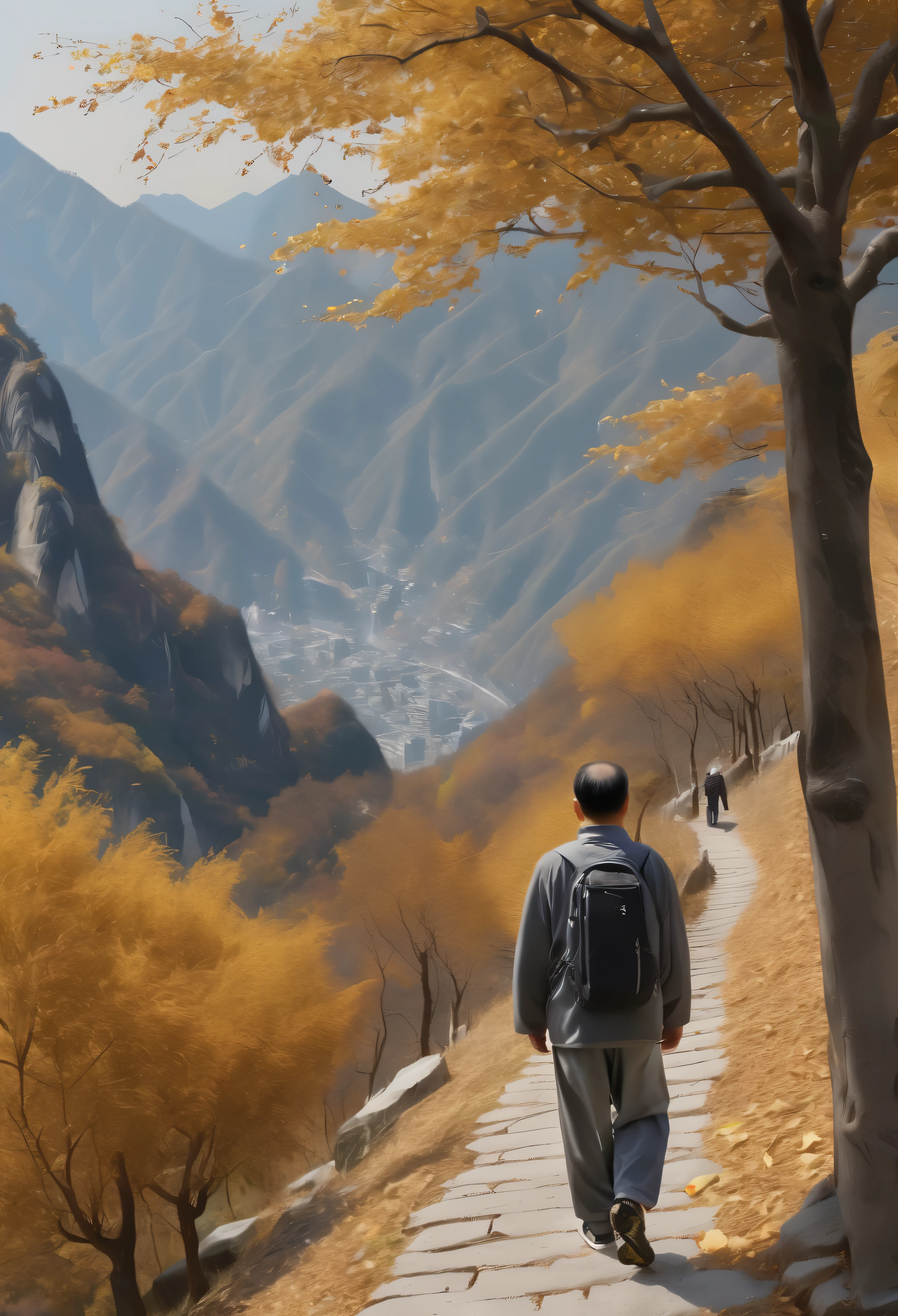 golden autumn,A 45-year-old middle-aged Chinese man,Great figure,Walk firmly on the mountain path,In the distance are high mountain peaks,Wearing gray sportswear,On both sides of the road are golden apple trees,Pretty ripe apples,hentail realism,k hd,high qulity,Sony SLR,Faraway view