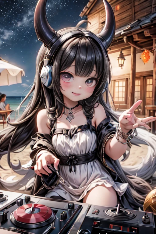 masterpiece, best quality, abrurdress, Selfie at (((Beach))) Party, a DJ ((horned vampiress)), ((elongated canines)), (((wearing big headphones))) with lanterns, DJ mixing, at night, starry sky, beach background,