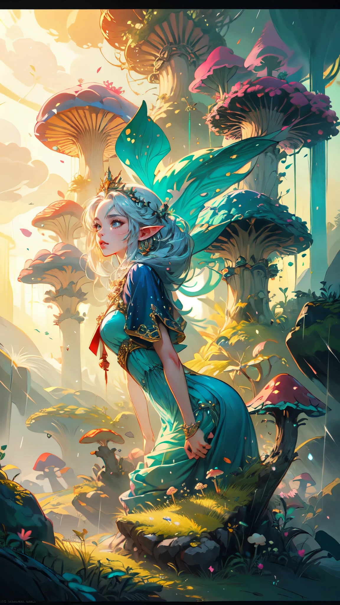 a woman, detailed face, detailed eyes, detailed hands, neon color, with long hair and a blue dress standing in a forest, extremely detailed artgerm, fanart best artstation, detailed digital anime art, 8k high quality detailed art, anime fantasy artwork, epic fantasy art style, fantasy art style, advanced digital anime art, an elf queen, rossdraws sakimimichan, trending on artstation pixiv, background, (Realistic:1.5) EdobFairyTaleLandscape, stream, mushroom, leaf, floating island, rain, sunbeam, bird, forest, lamppost, building,