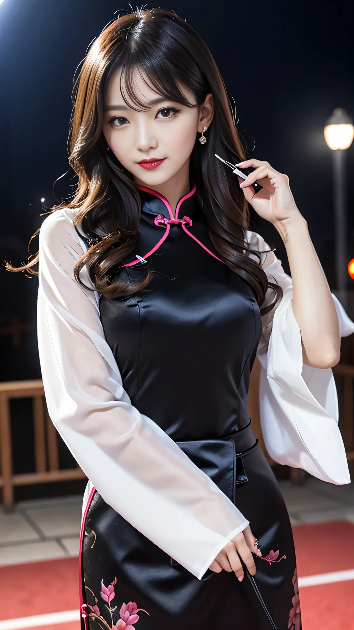 Super detailed、Japanese、charming beauty、seductive adult woman、Beautiful woman、sharp eyes、cool girl、wavy hair、long black cheongsam、wide sleeve、evilの幹部、evil depravity、brainwashing、Mind control、apply lipstick、grin、evilな表情、evil、empty eyes、evil、church at night、Hypnosia makeup brush